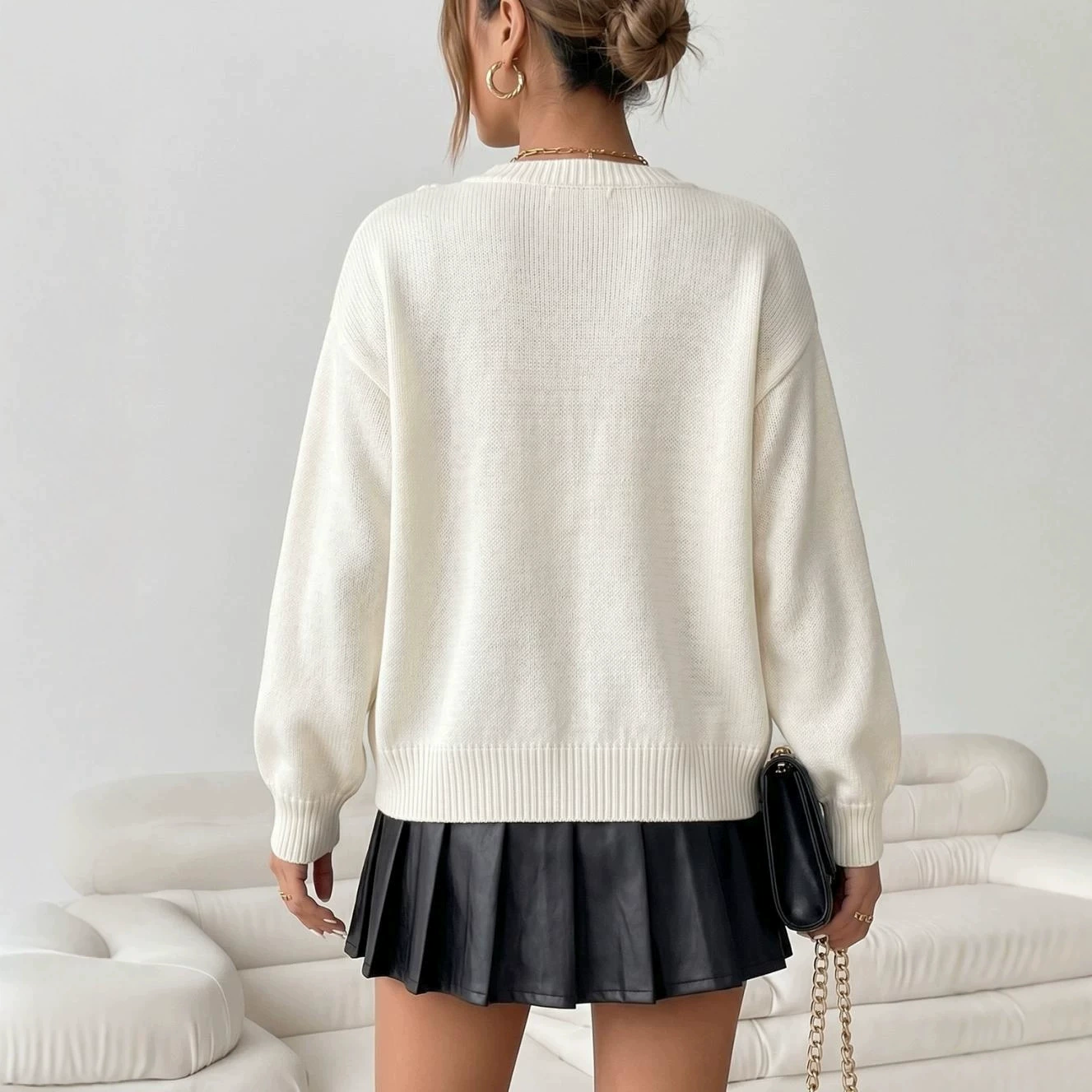 Open Front Knit Cardigan with Ribbed Trim view 3