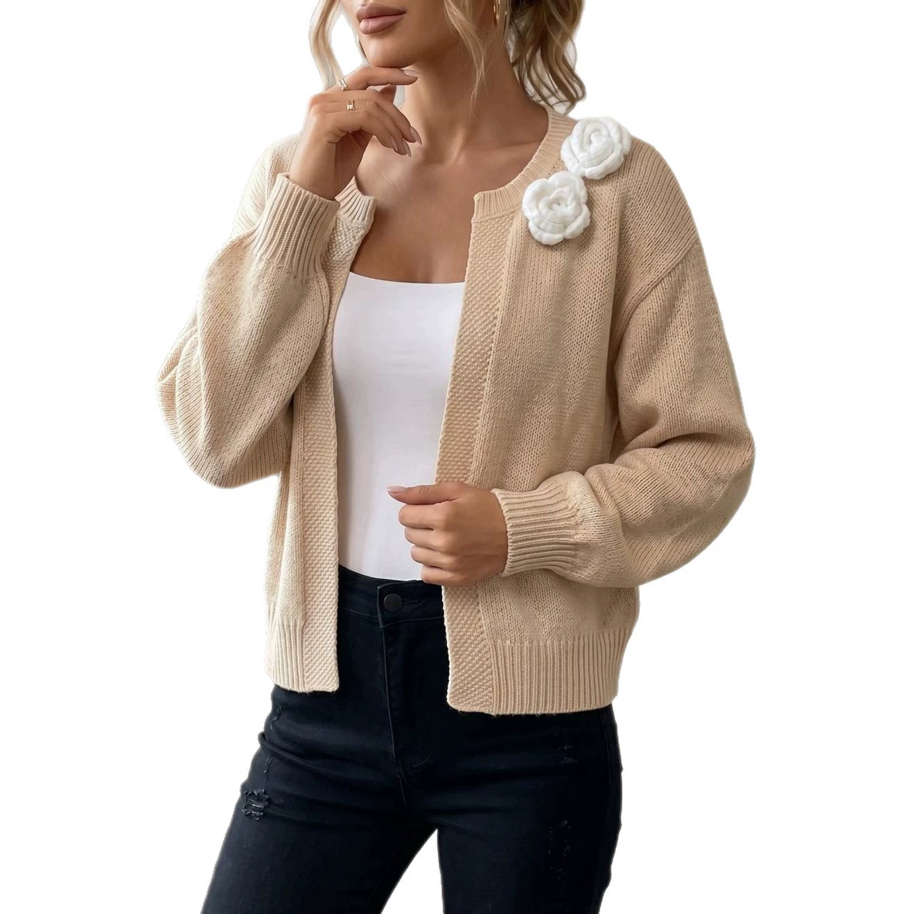 Open Front Knit Cardigan with Ribbed Trim view 5