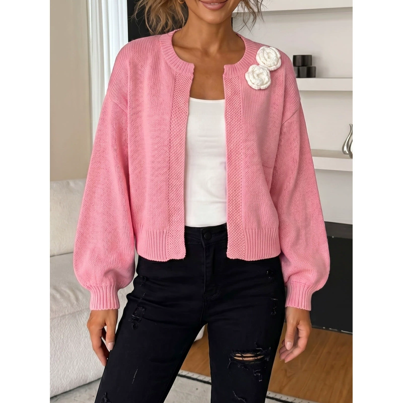 Open Front Knit Cardigan with Ribbed Trim view 7