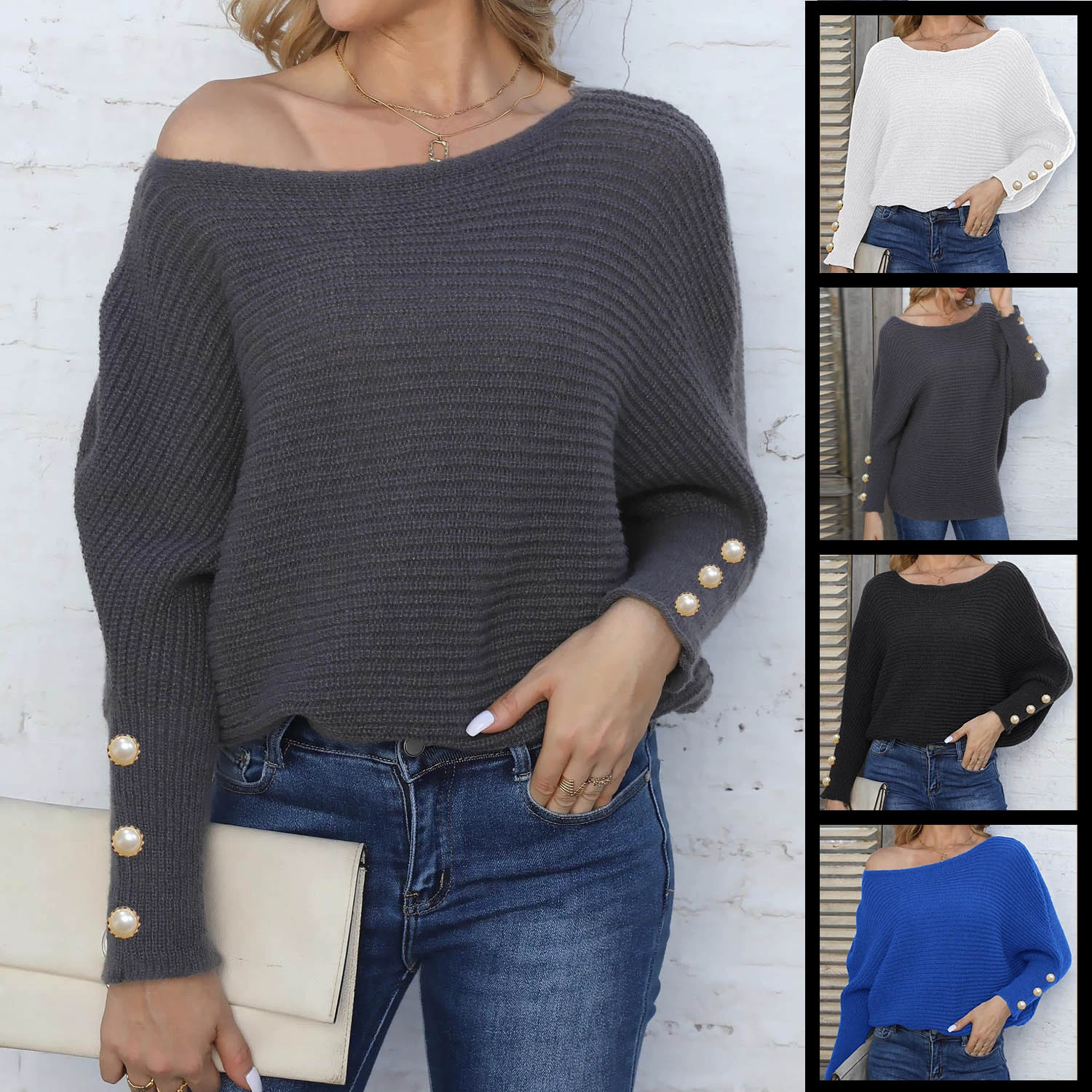 Women's Off-Shoulder Batwing Sleeve Sweater with Pearl Button Cuffs