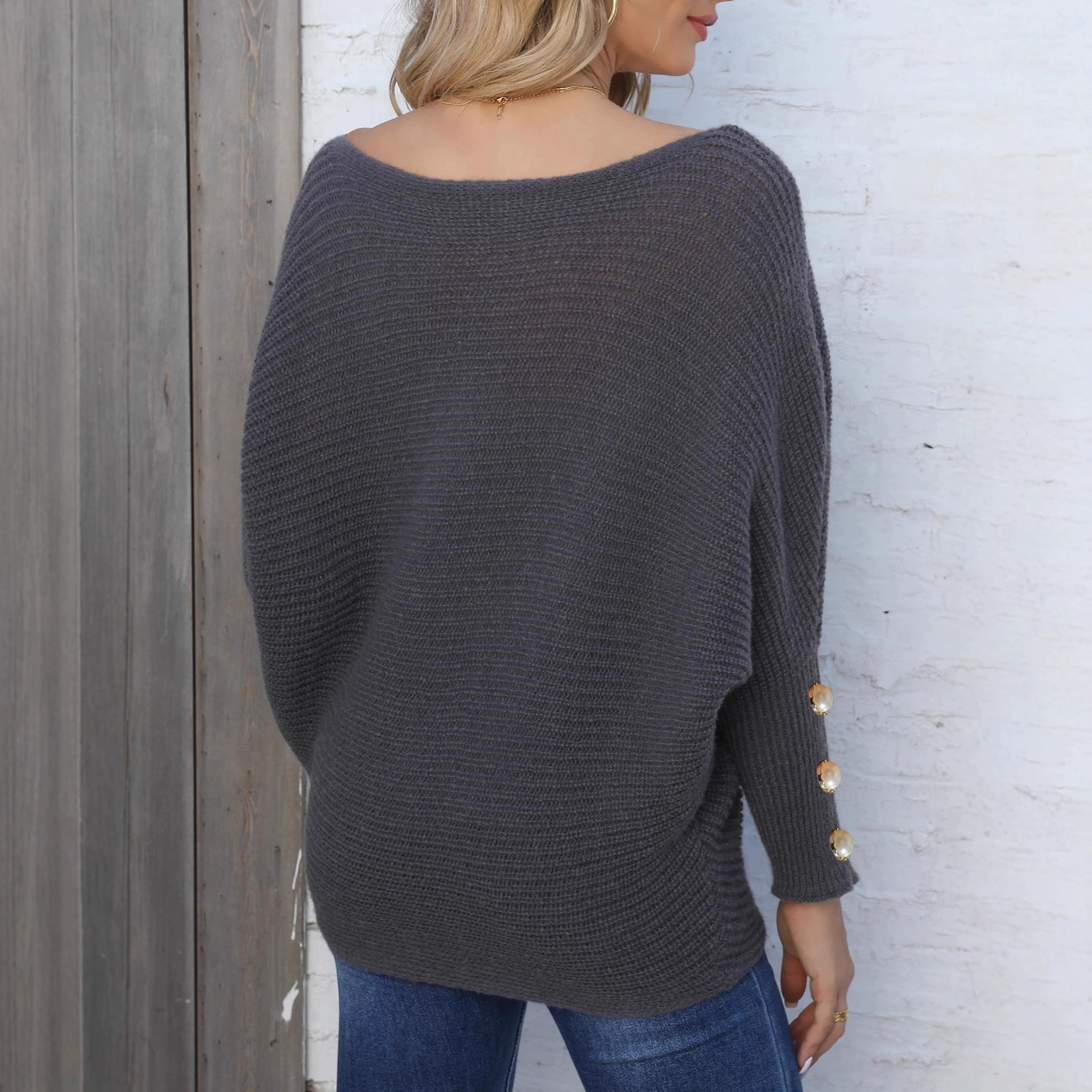 Women's Off-Shoulder Batwing Sleeve Sweater with Pearl Button Cuffs view 2