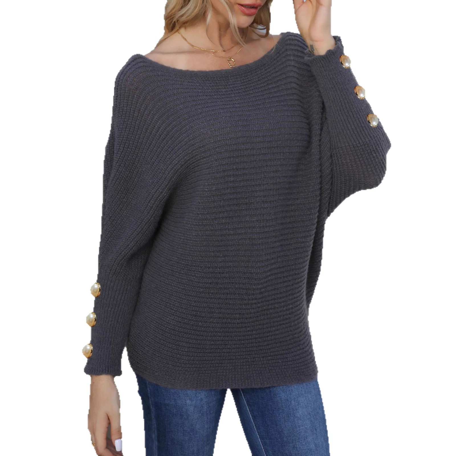 Women's Off-Shoulder Batwing Sleeve Sweater with Pearl Button Cuffs view 5
