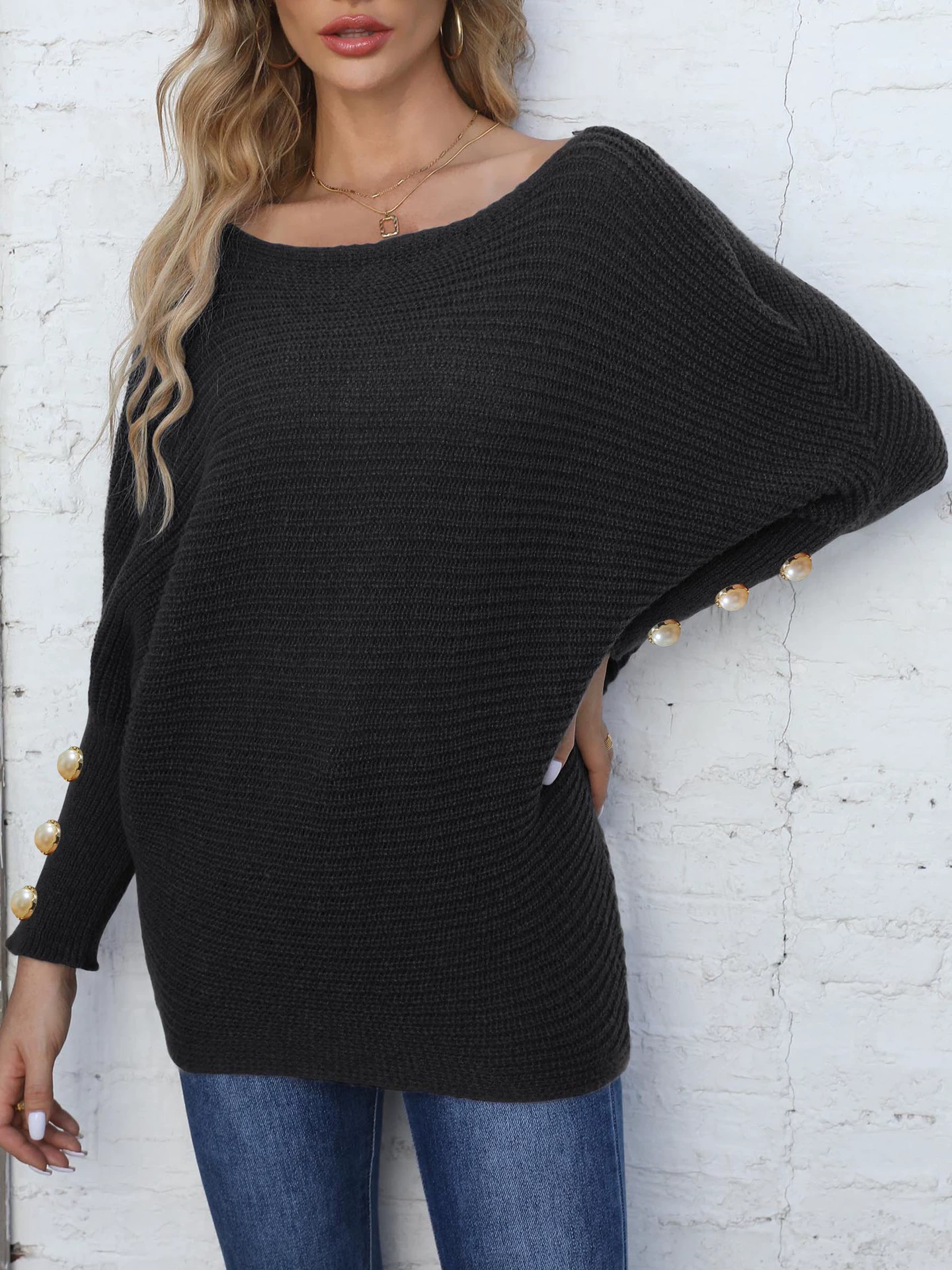 Women's Off-Shoulder Batwing Sleeve Sweater with Pearl Button Cuffs view 8