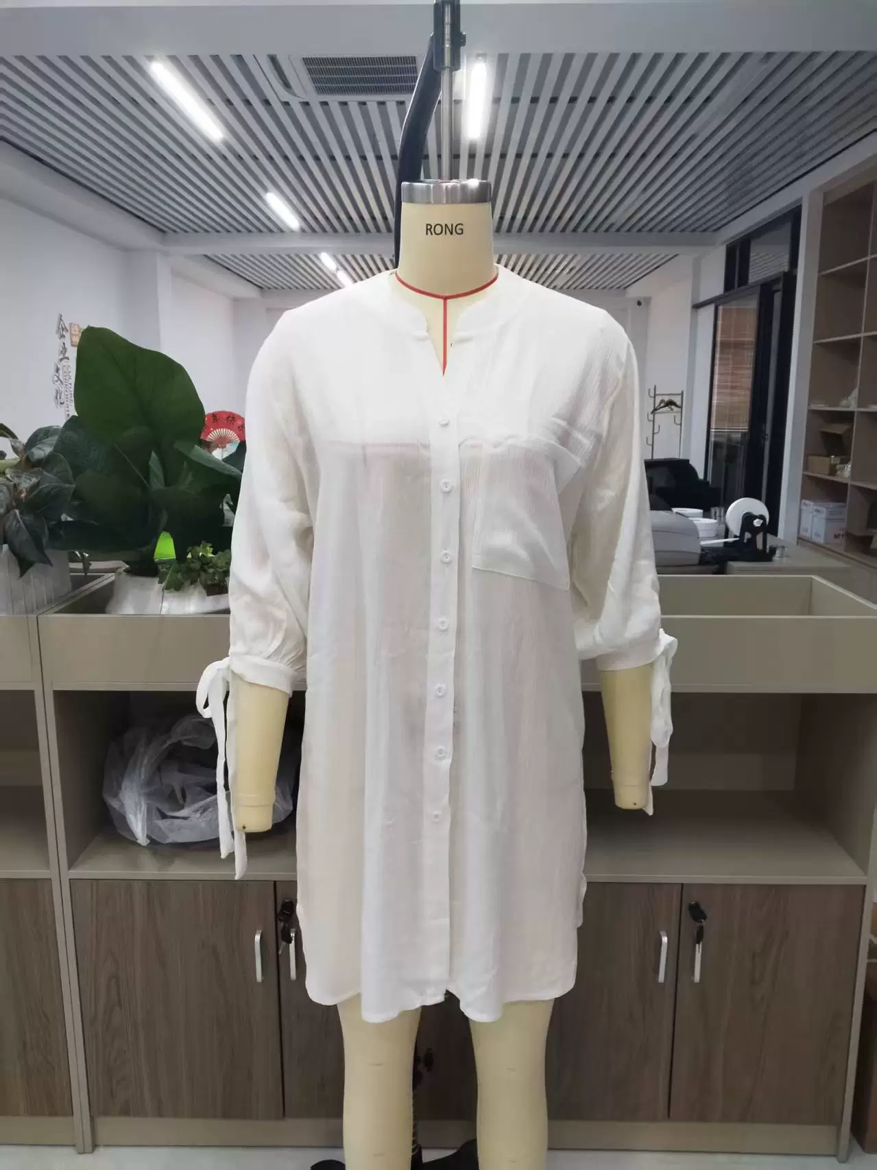 Stand Collar Button-Down Shirt with Tie Sleeves