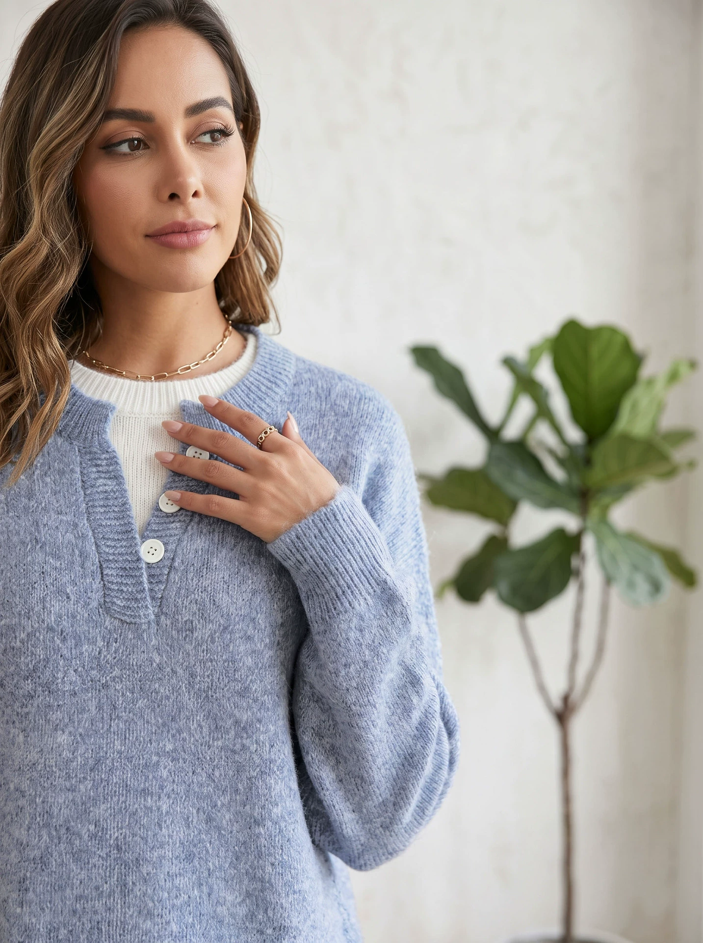 Women's Faux Two-Piece Henley Sweater view 4