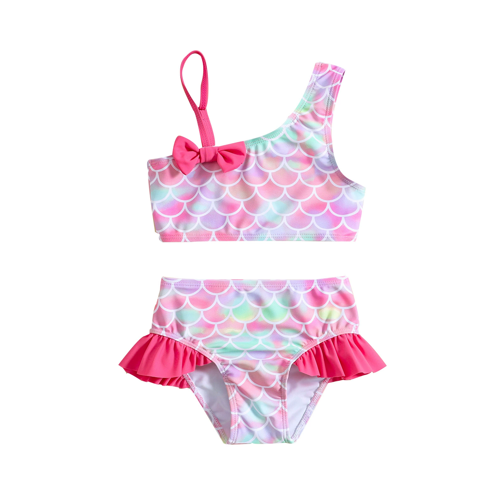 Girls One-Shoulder Bikini Set with Bow and Ruffles view 5