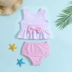 Girls Two-Piece Tankini Swimsuit with Bow and Ruffle