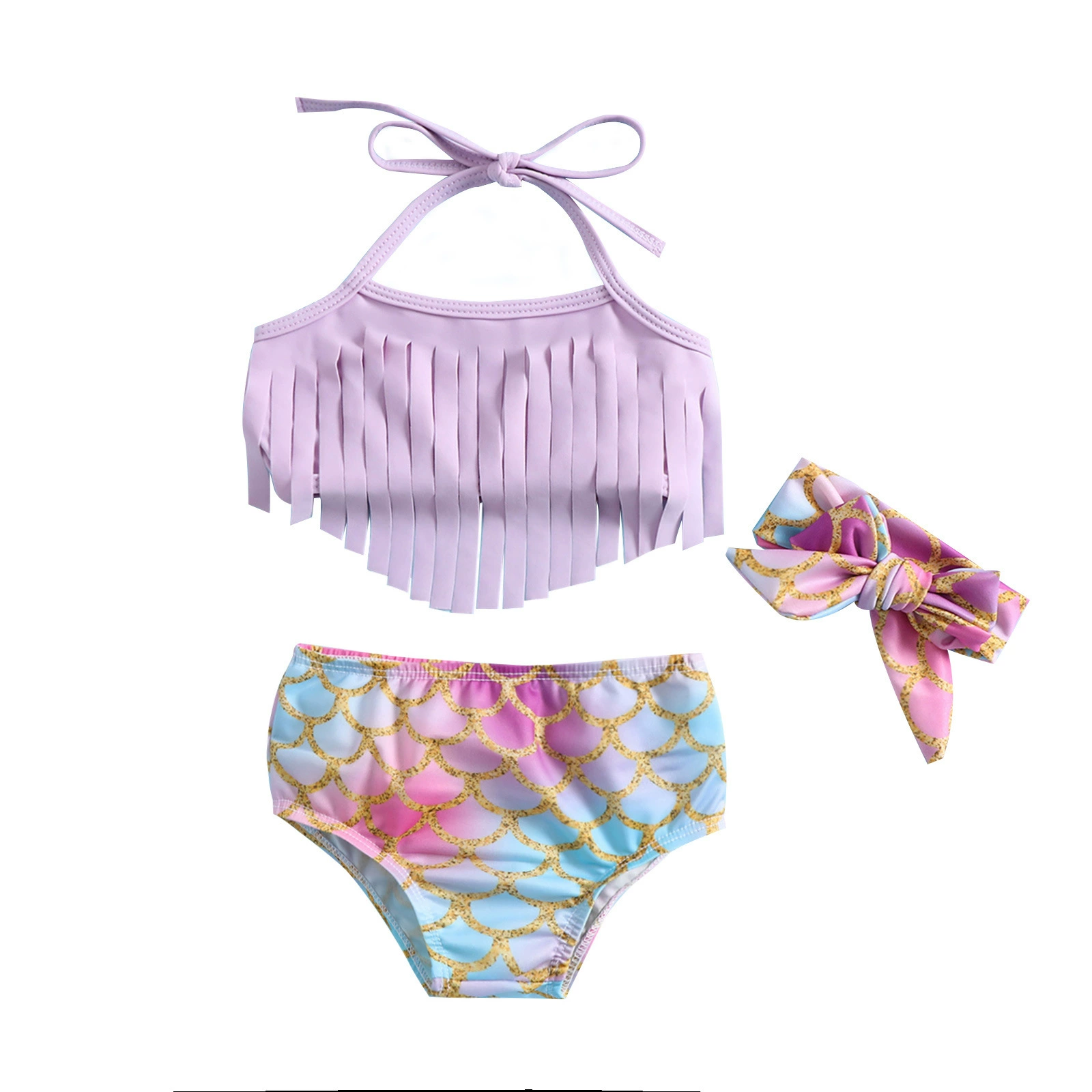 Girls Two-Piece Halter Swimsuit with Fringe and Bow view 5