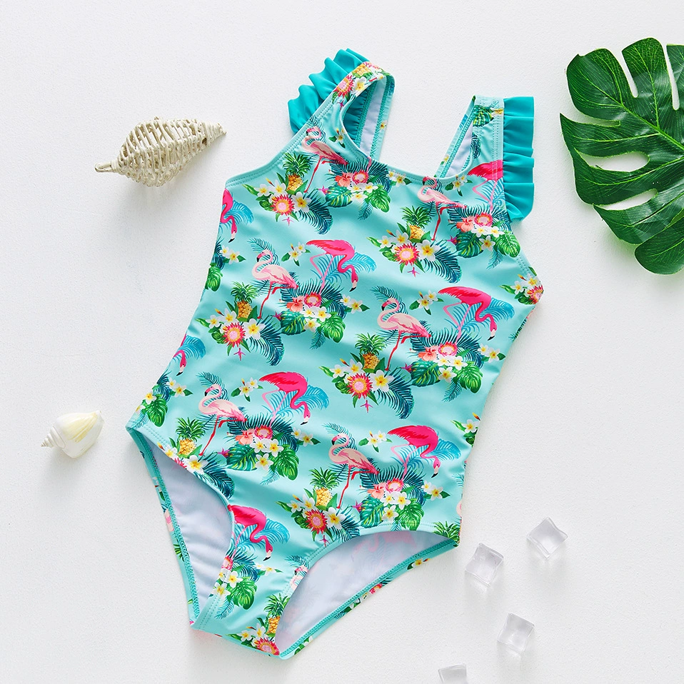 Girls One-Piece Swimsuit with Ruffle Shoulders and Bow
