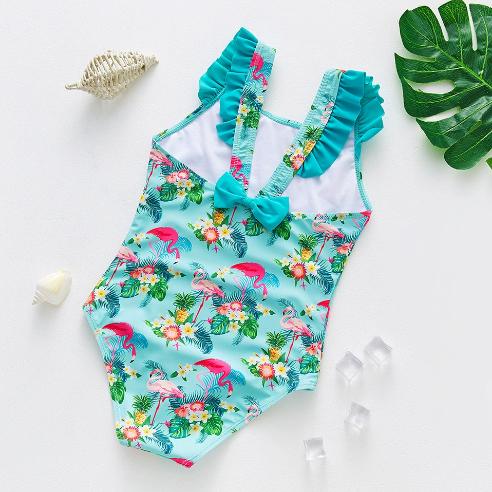 Girls One-Piece Swimsuit with Ruffle Shoulders and Bow