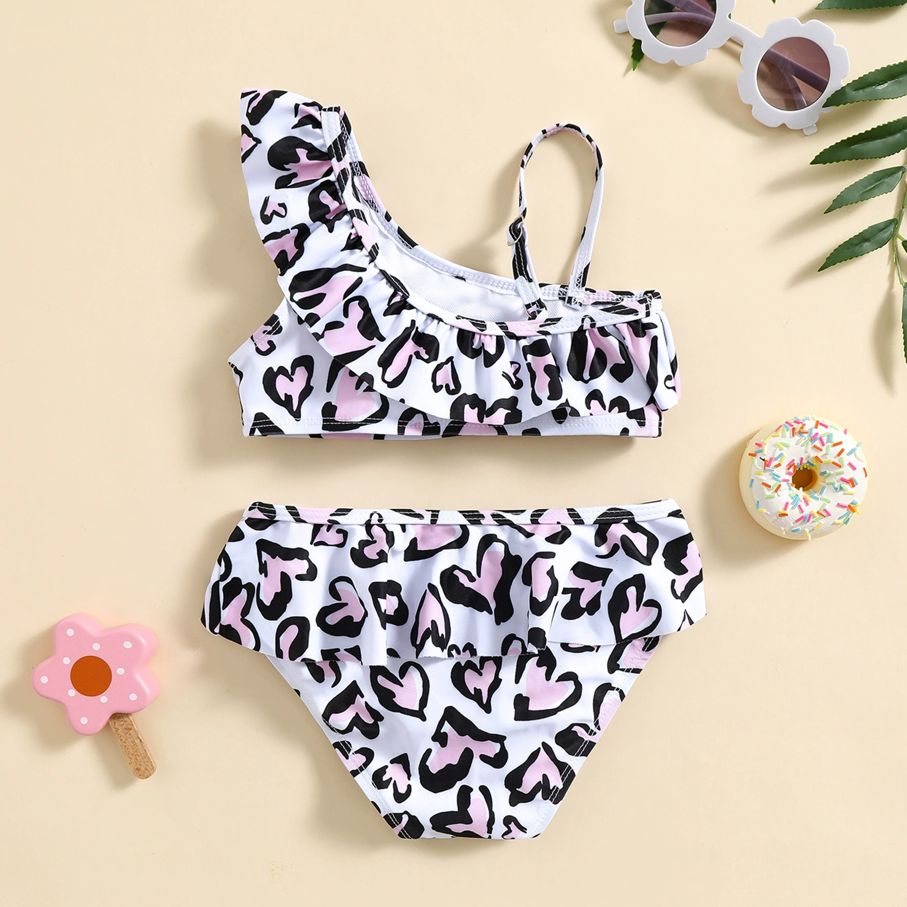 Girls Two-Piece Swimsuit with Asymmetric Ruffle