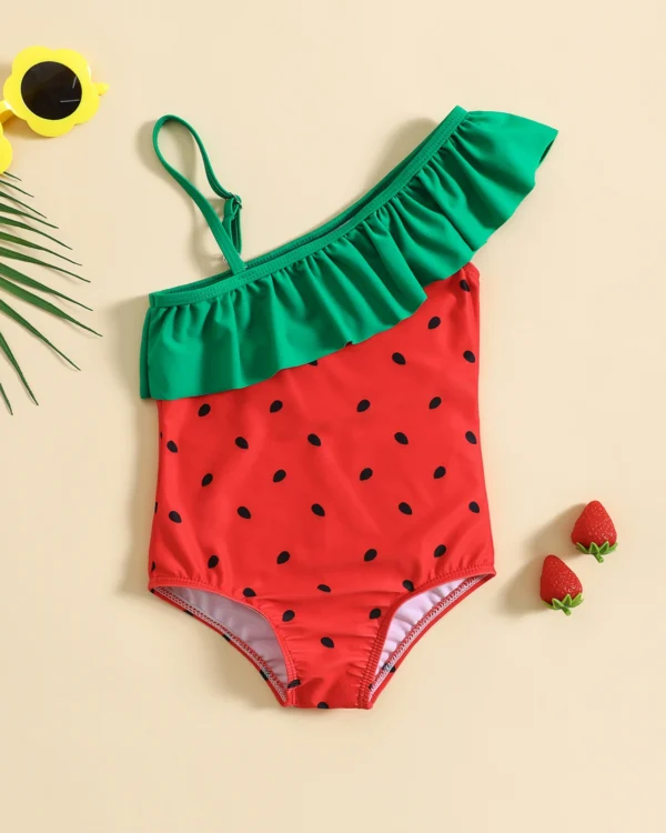 Traje de baño entero de niña con hombro asimétrico y volantes