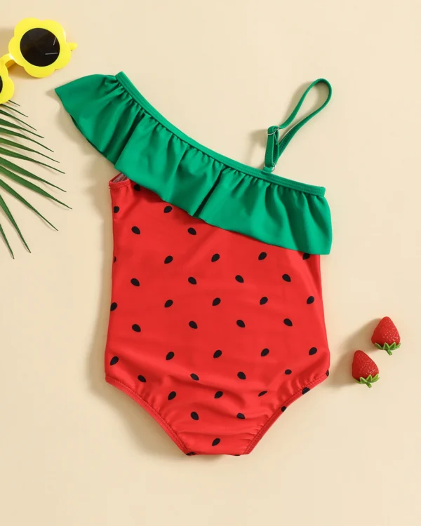 Traje de baño entero de niña con hombro asimétrico y volantes