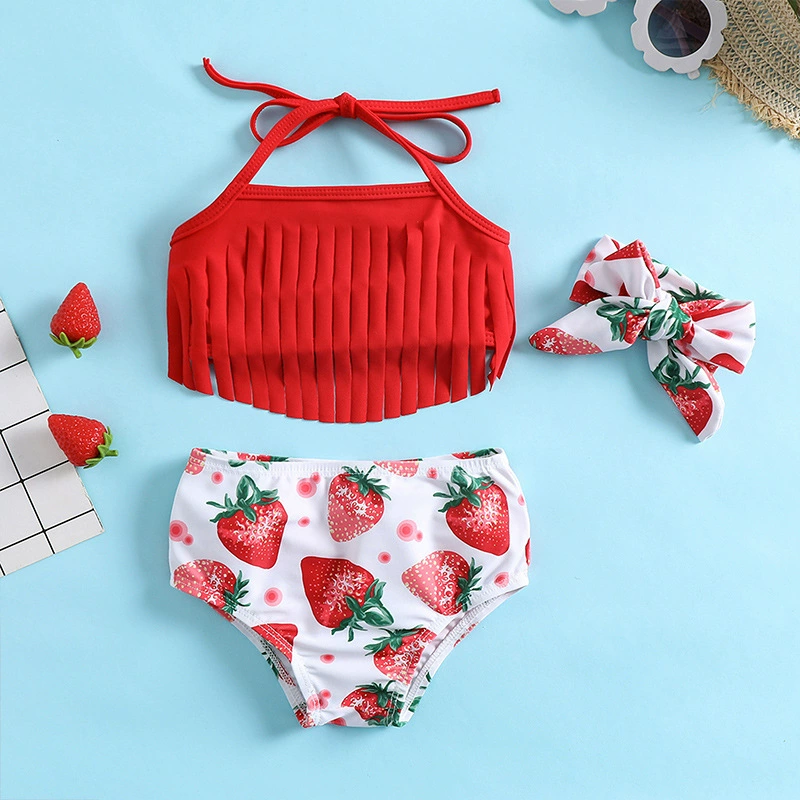 Girls Fringe Halter Bikini Set with Bow and Headband