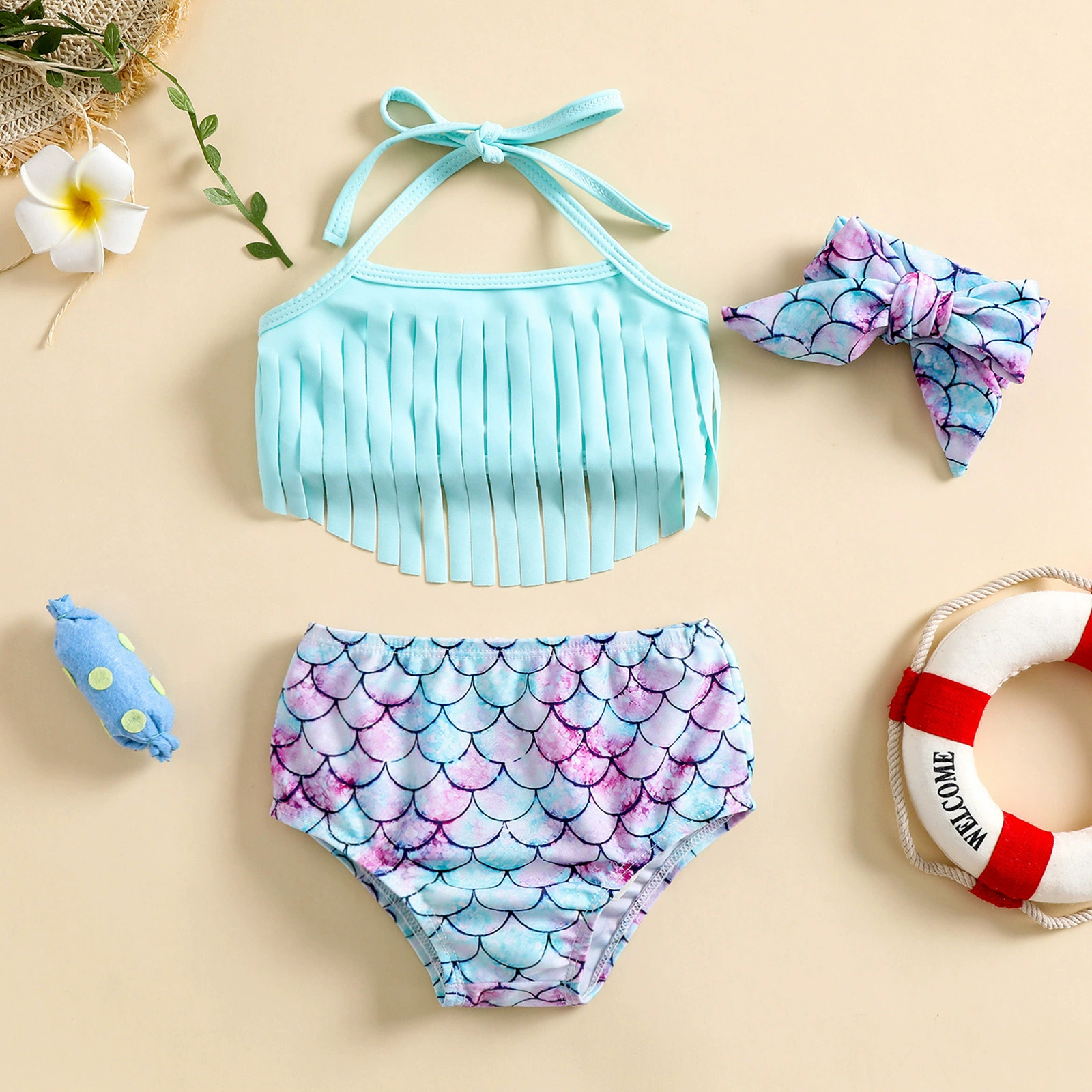 Girls’ Halter Fringe Two-Piece Swimsuit with Bow and Headband