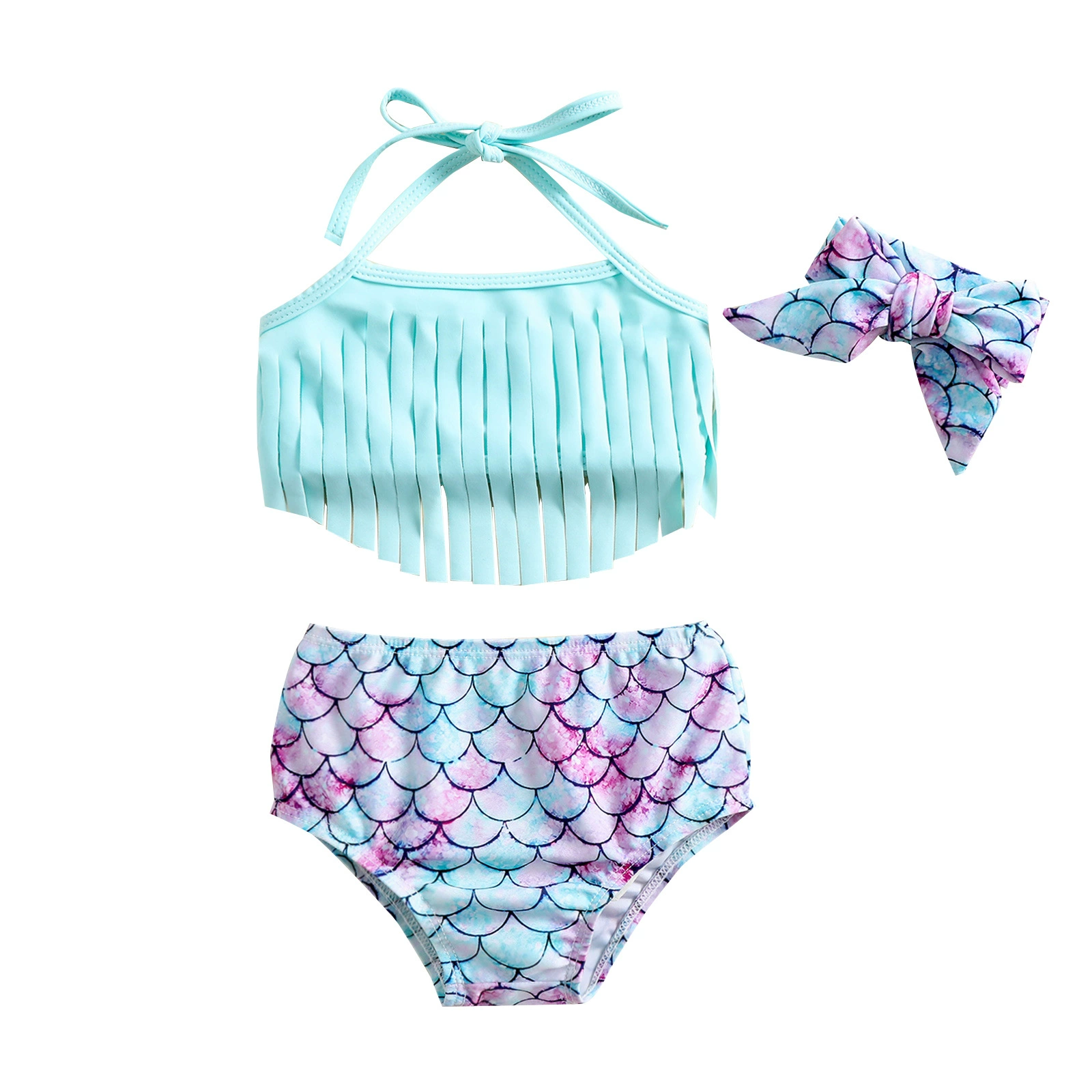 Girls' Halter Fringe Two-Piece Swimsuit with Bow and Headband view 5