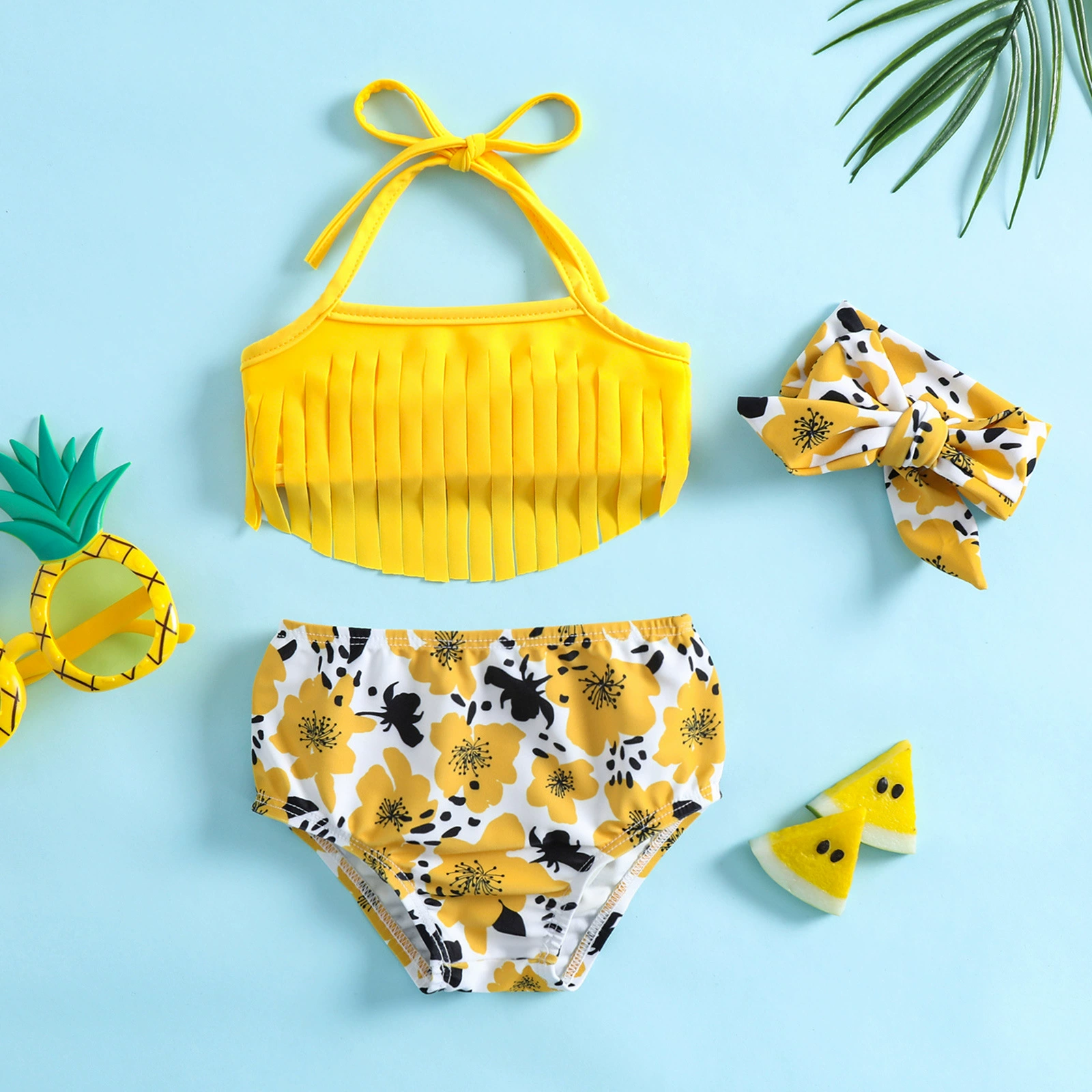 Girls Fringe Halter Bikini Set with Bow Headband
