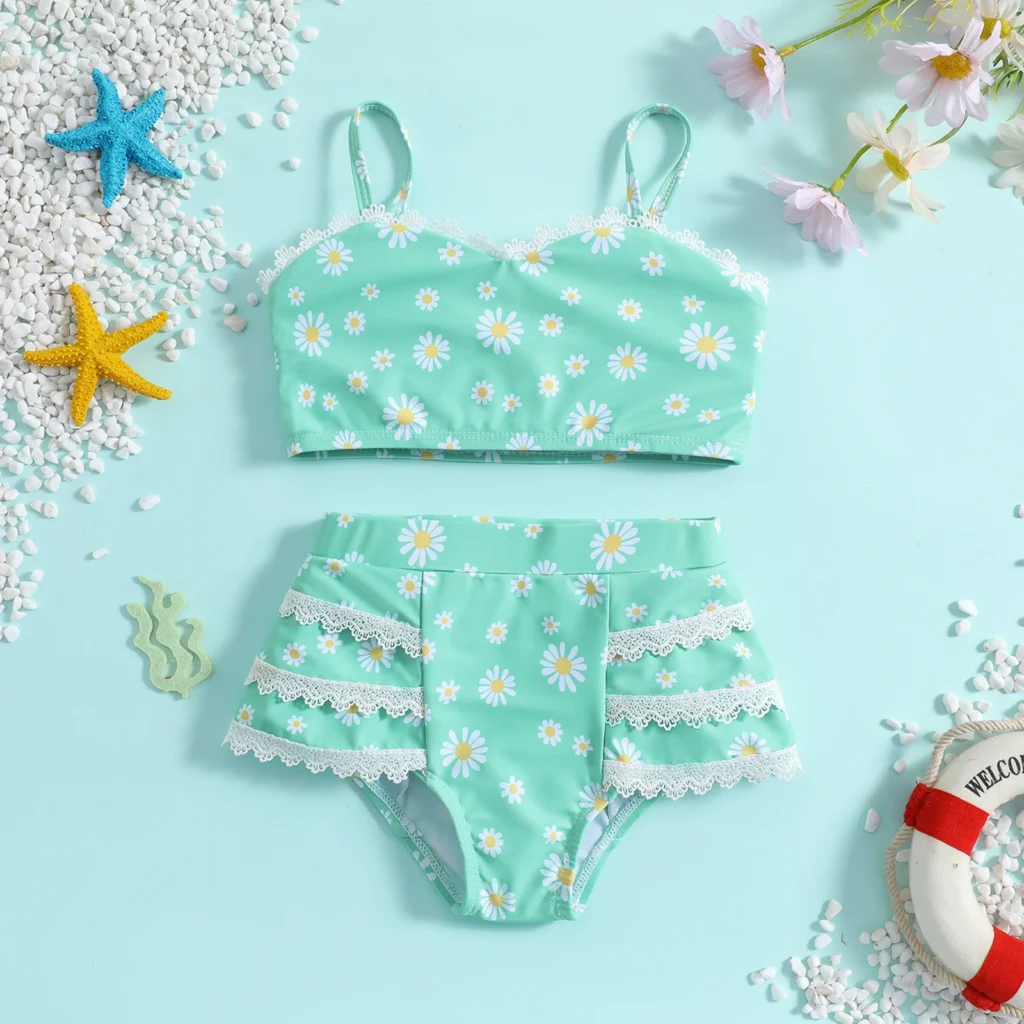 Girls Spaghetti Strap Bikini Set with Ruffle Skirted Bottom