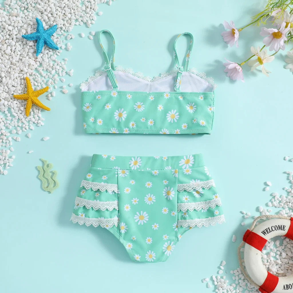 Girls Spaghetti Strap Bikini Set with Ruffle Skirted Bottom view 2