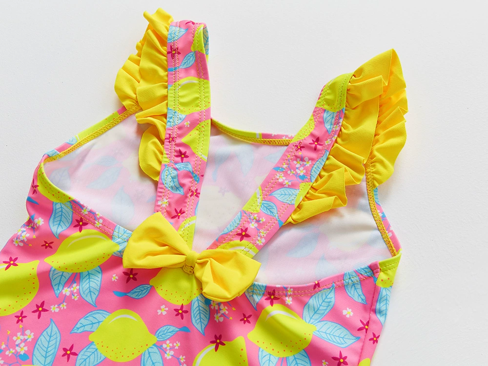 Girls' One-Piece Swimsuit with Ruffled Shoulders and Bow view 4