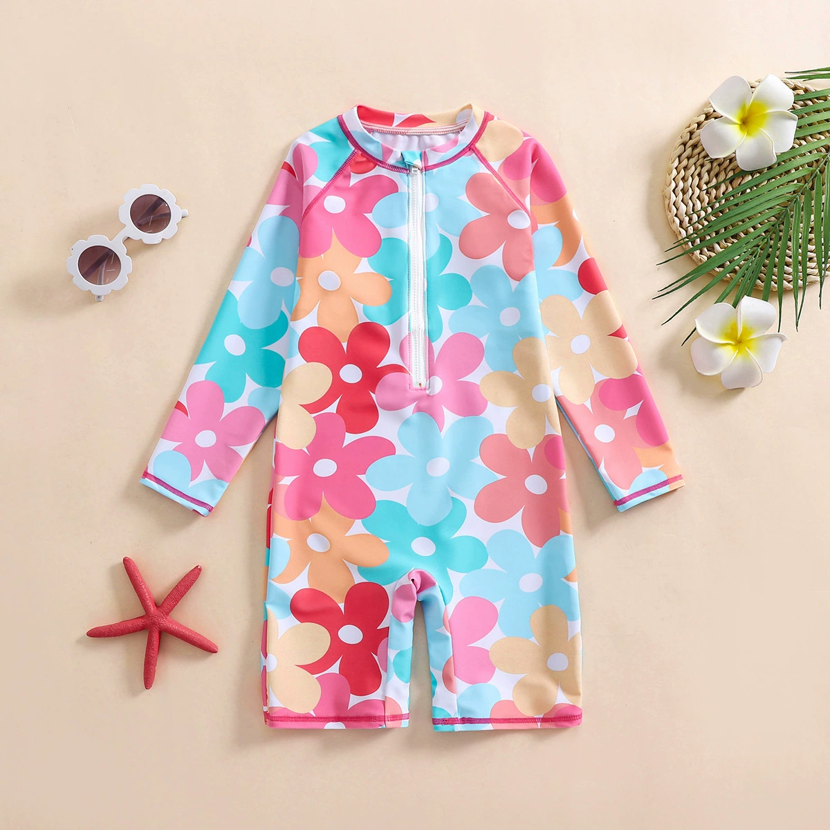 Girls Long-Sleeve One-Piece Swimsuit with Front Zipper view 6