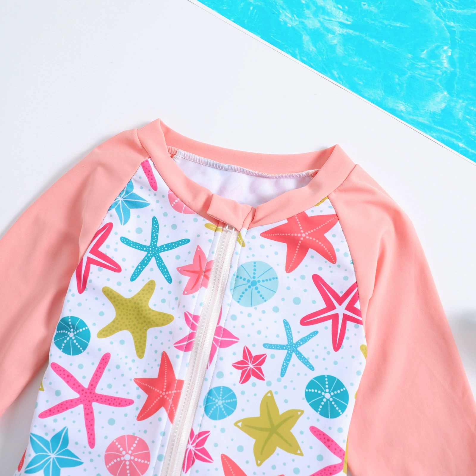 Girls Long Sleeve One-Piece Swimsuit with Front Zipper and Ruffle Hem view 3