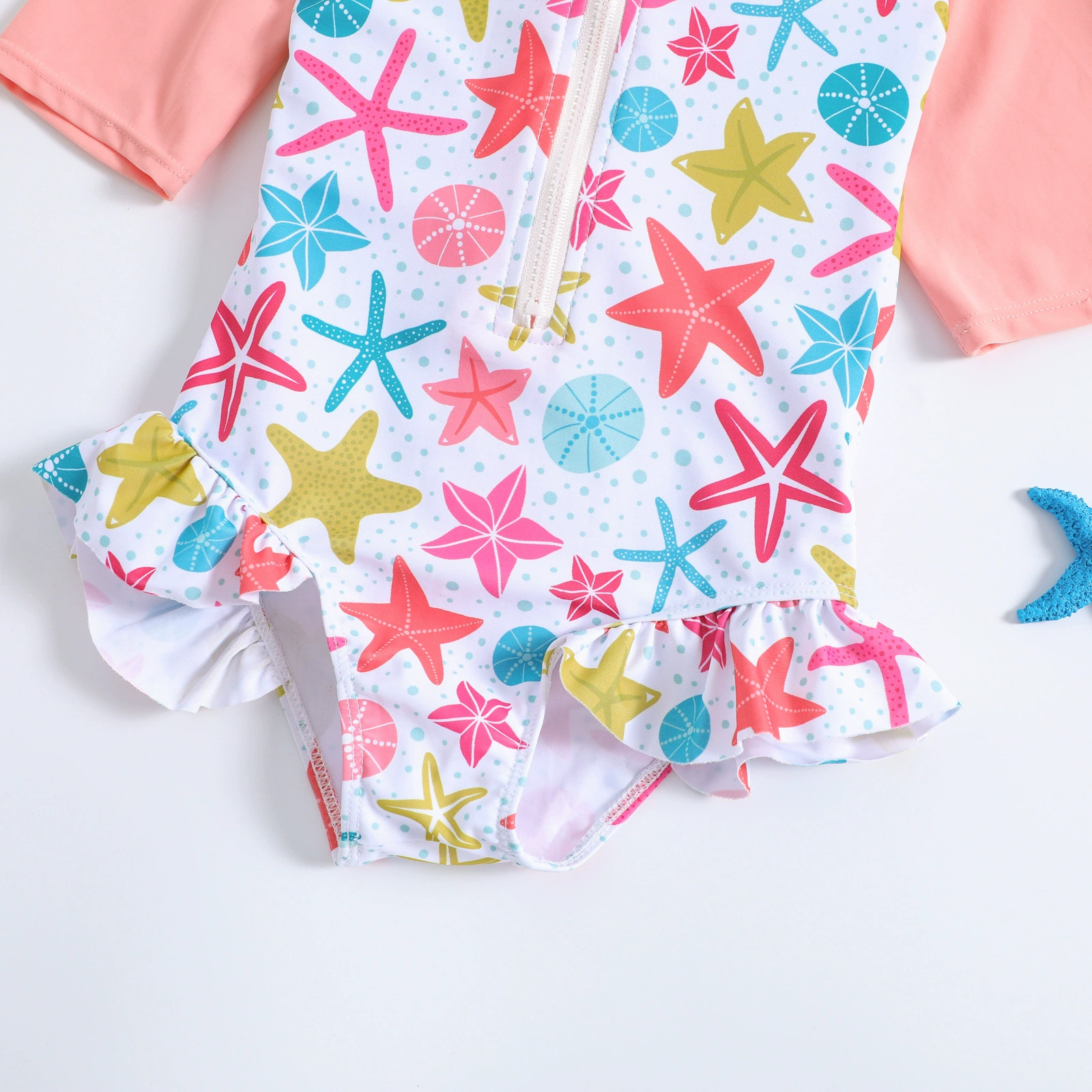 Girls Long Sleeve One-Piece Swimsuit with Front Zipper and Ruffle Hem view 4
