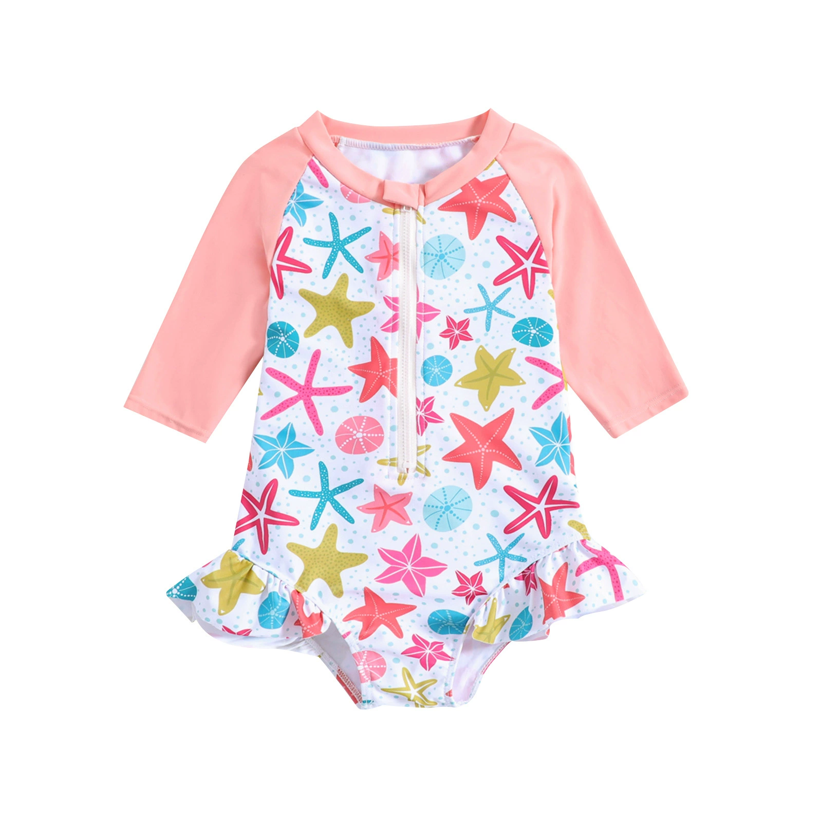 Girls Long Sleeve One-Piece Swimsuit with Front Zipper and Ruffle Hem view 5