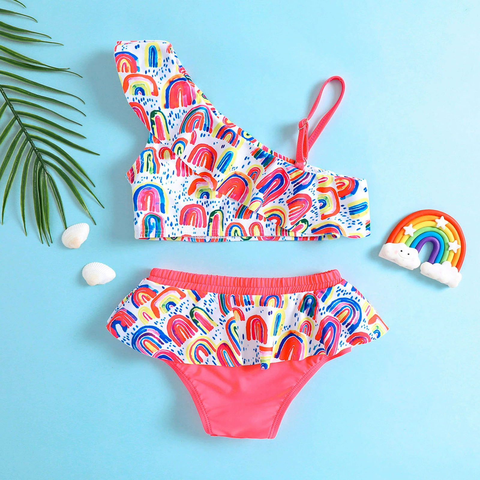 Girls One-Shoulder Bikini Set with Ruffle Skirt