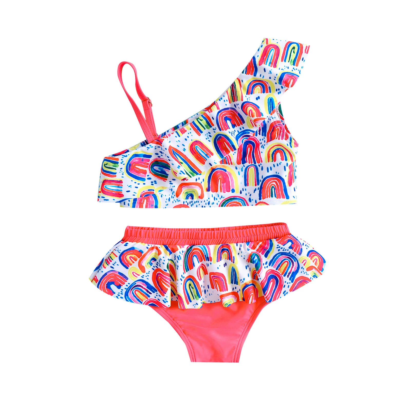 Girls One-Shoulder Bikini Set with Ruffle Skirt view 5