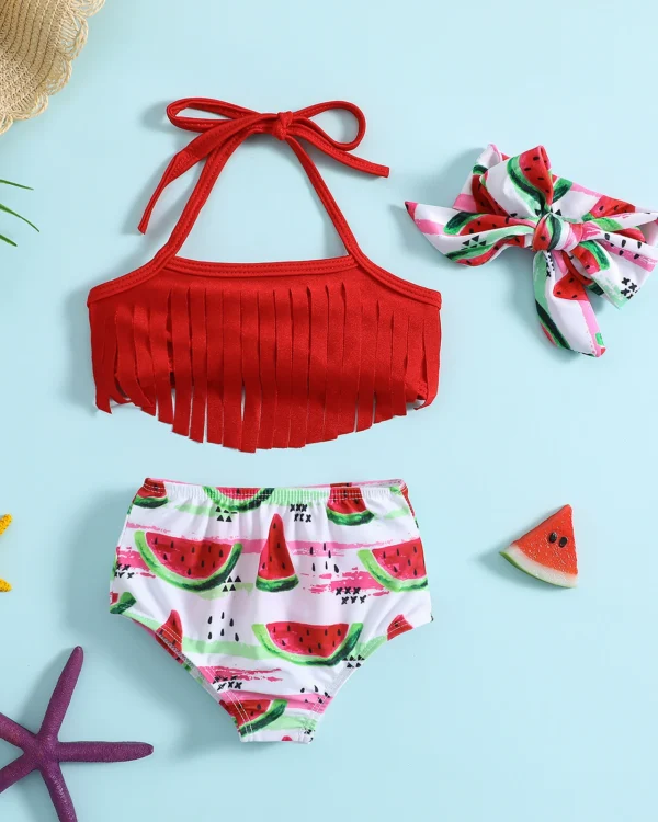 Girls Fringe Halter Bikini Set with Bow Briefs and Headband