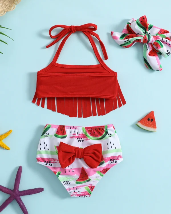 Girls Fringe Halter Bikini Set with Bow Briefs and Headband