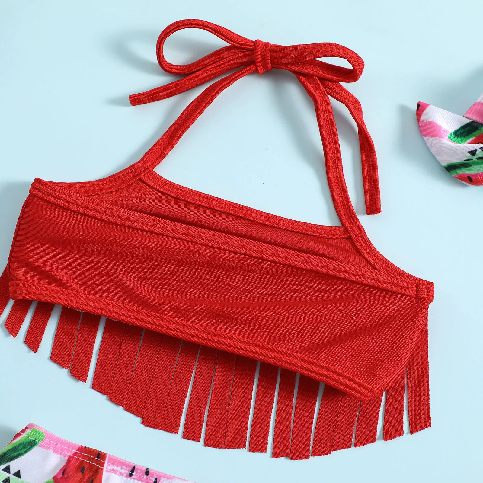 Girls Fringe Halter Bikini Set with Bow Briefs and Headband view 3