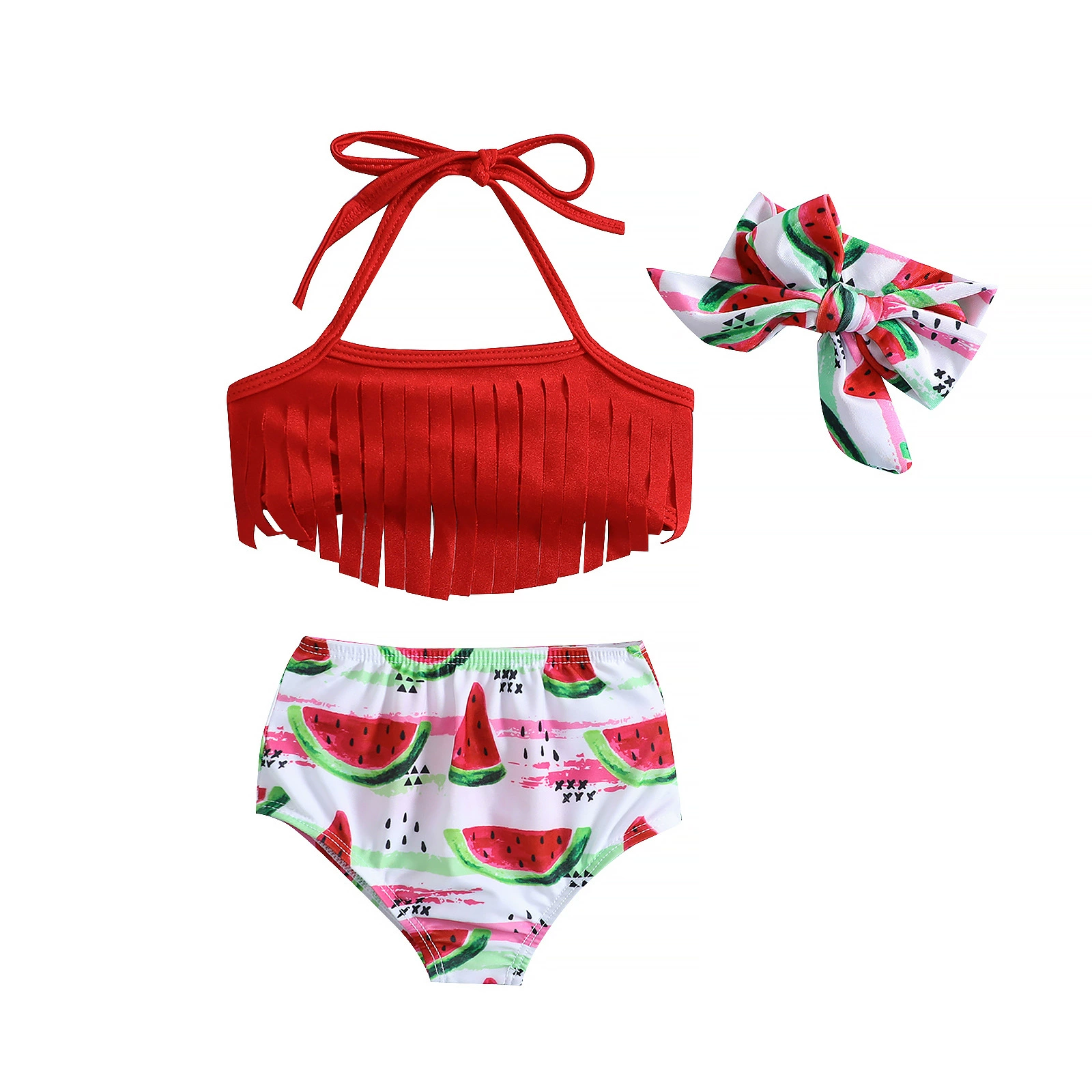 Girls Fringe Halter Bikini Set with Bow Briefs and Headband view 5