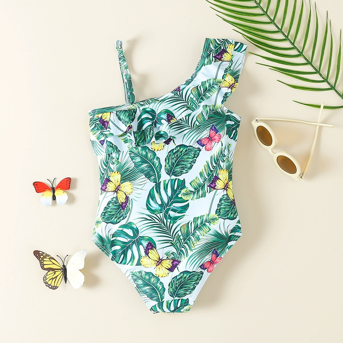 Girls One-Shoulder One-Piece Swimsuit with Asymmetric Strap