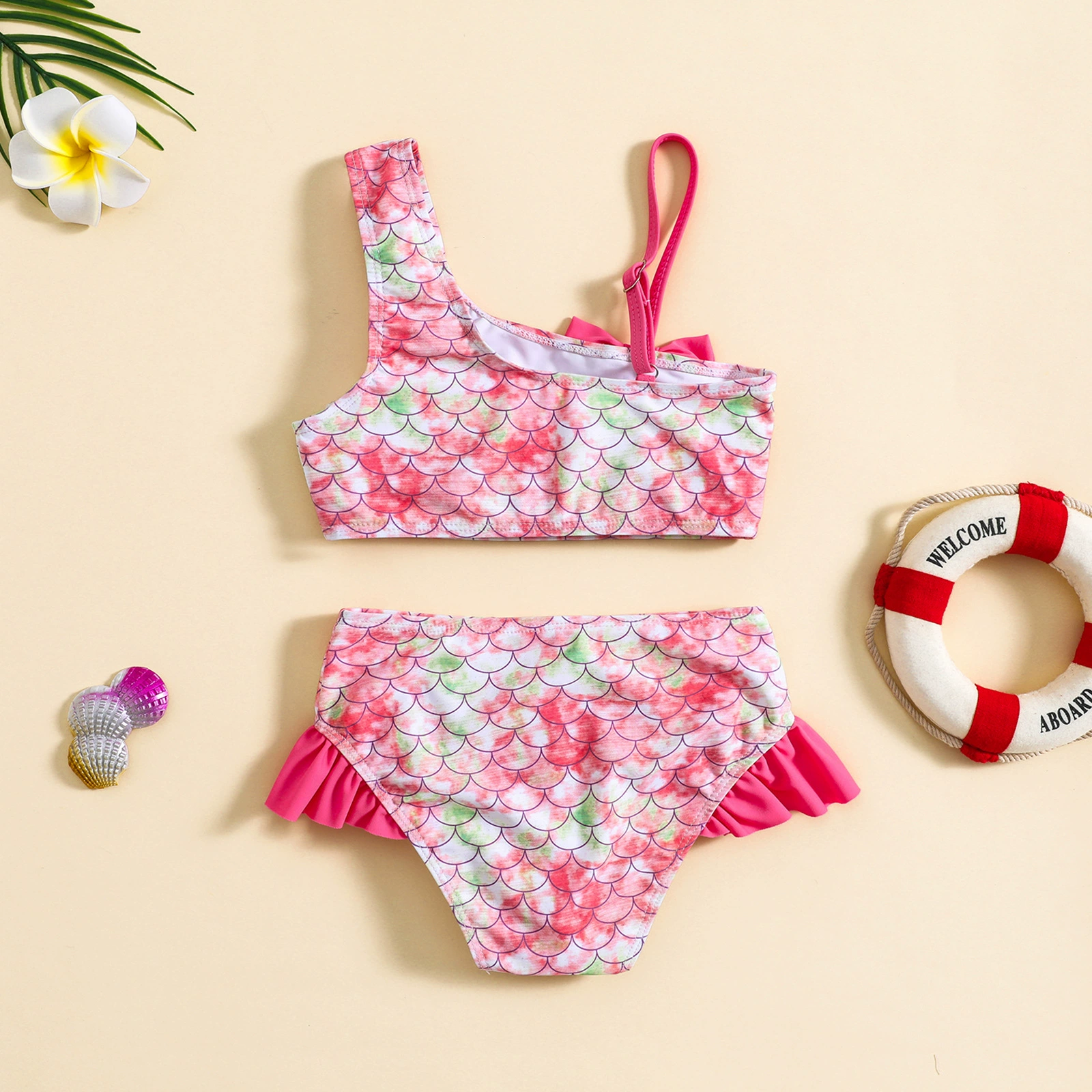 Girls One-Shoulder Ruffle Bikini Set with Bow