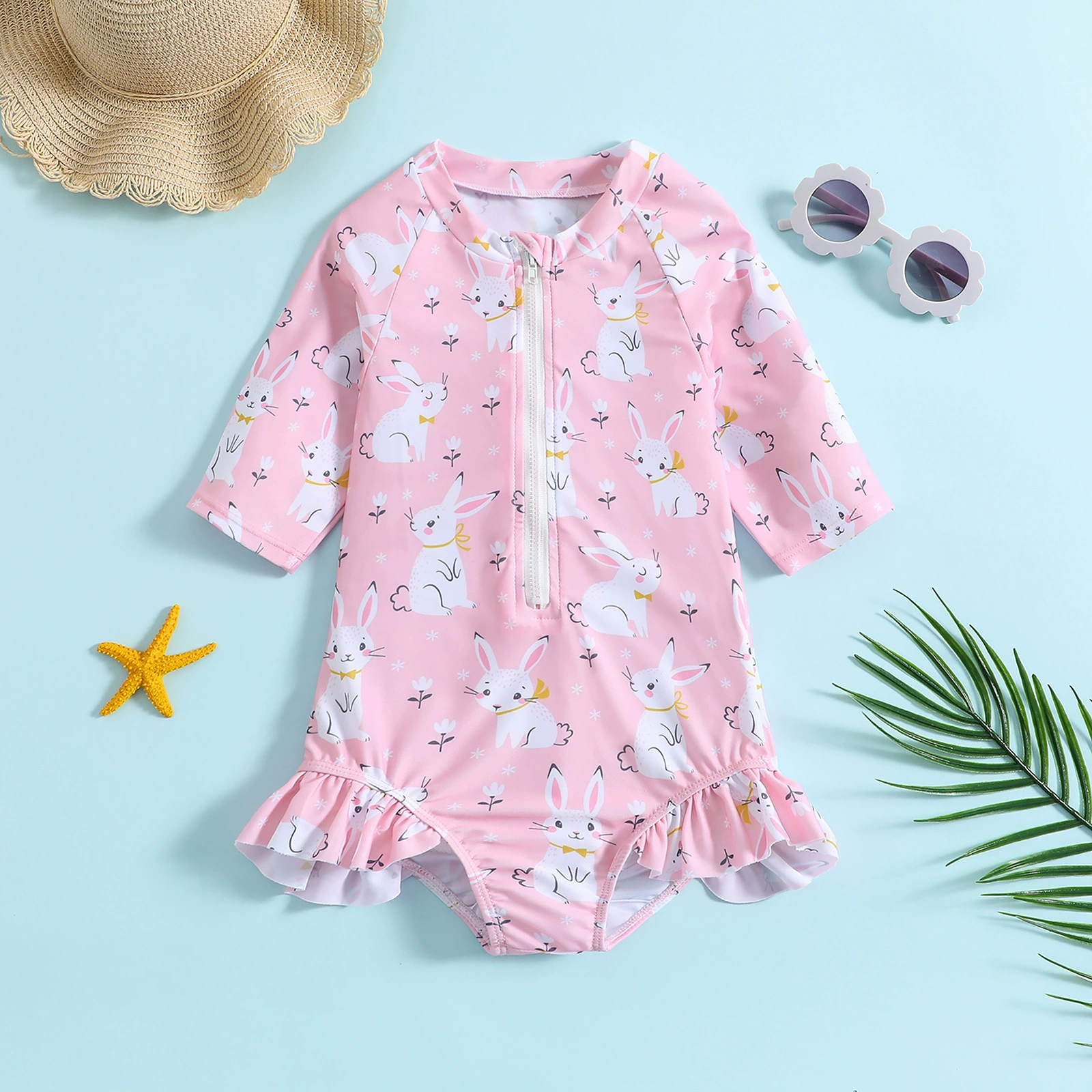 Girls One-Piece Swimsuit with Front Zipper and Ruffled Hem