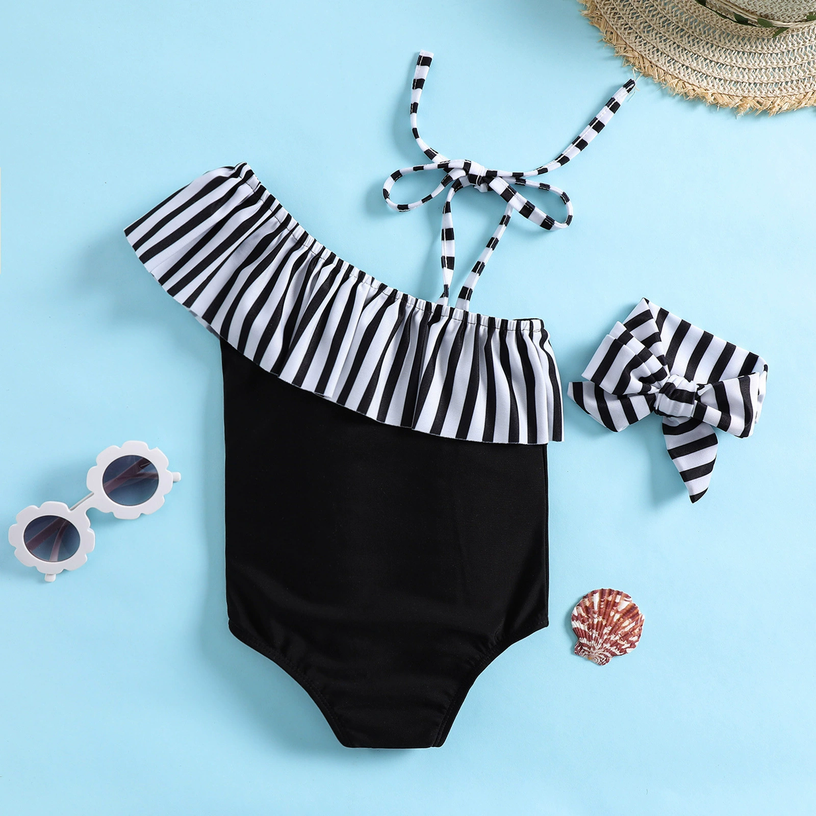 Girls One-Shoulder Ruffle Swimsuit with Headband