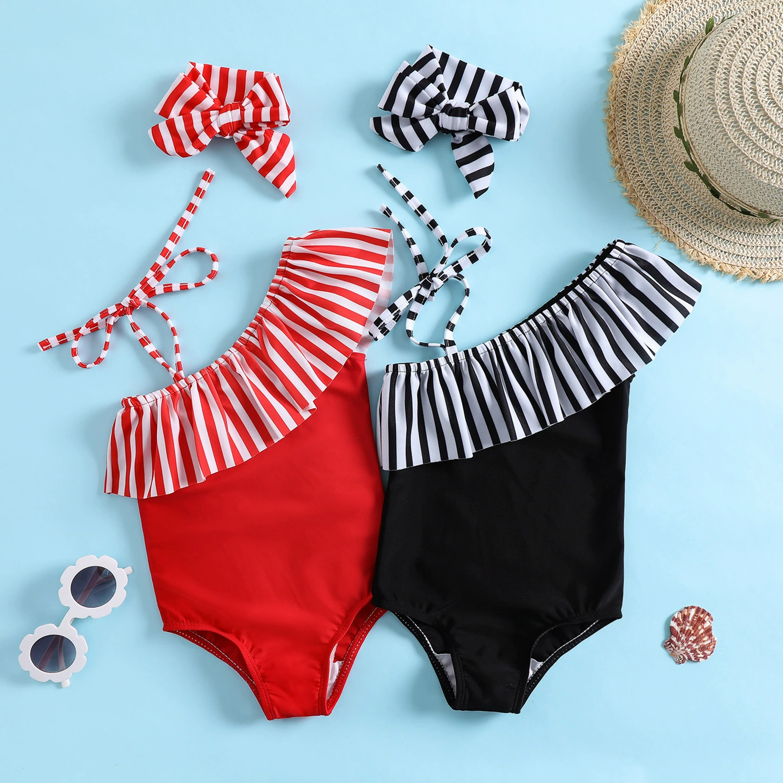 Girls One-Shoulder Ruffle Swimsuit with Headband view 3