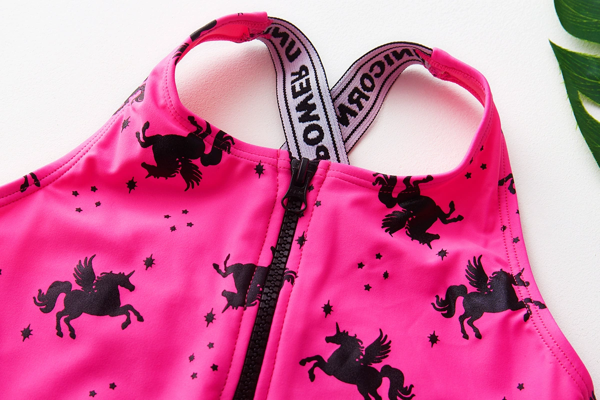 Girls One-Piece Zip Front Swimsuit with Cross Back Straps view 3