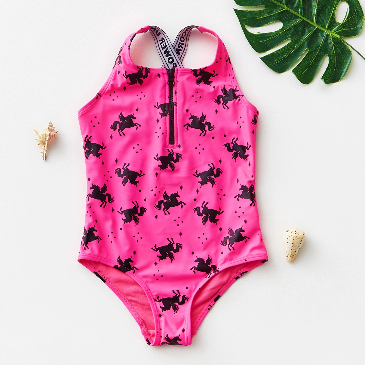 Girls One-Piece Zip Front Swimsuit with Cross Back Straps view 6