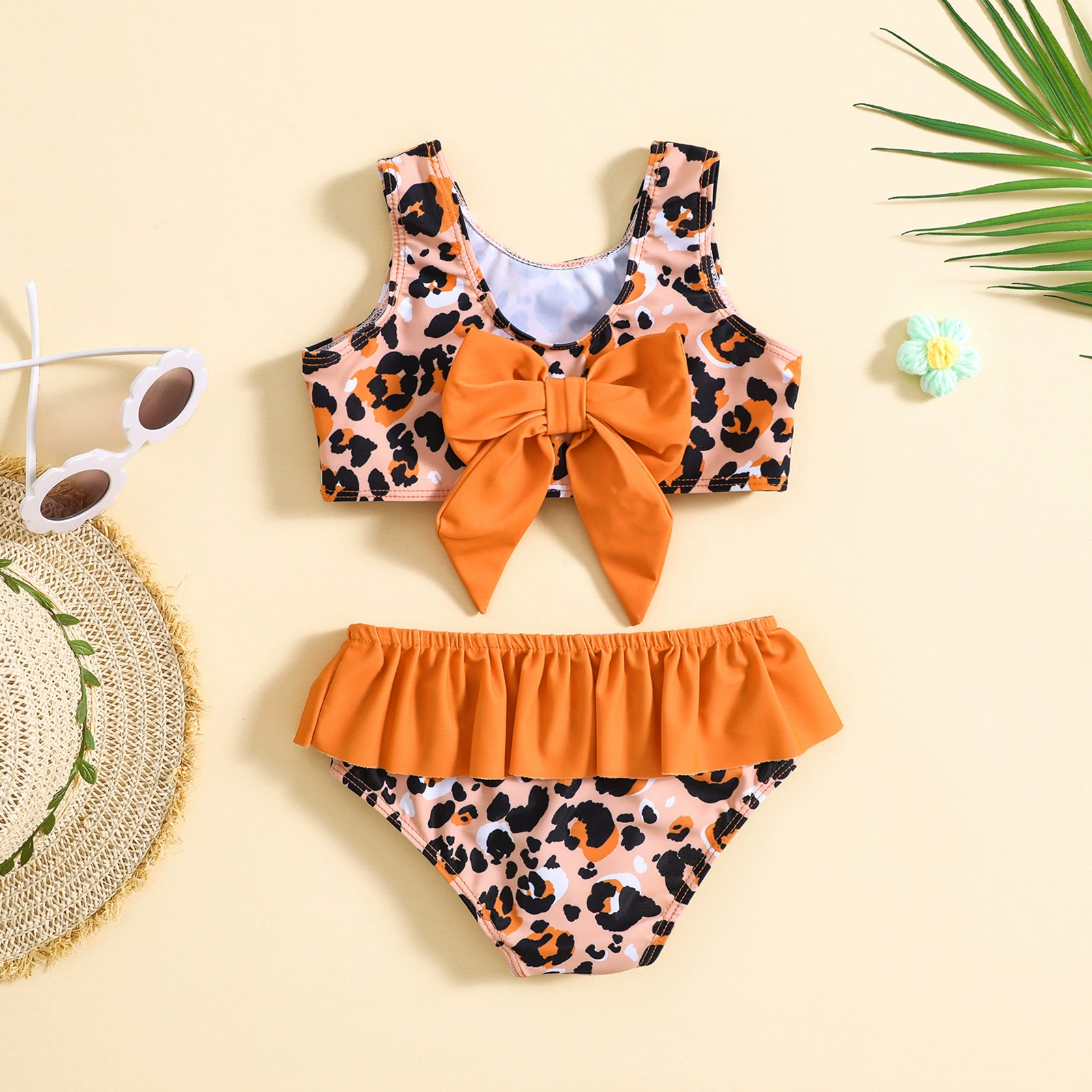 Girls Two-Piece Swimsuit Set with Bow and Ruffle