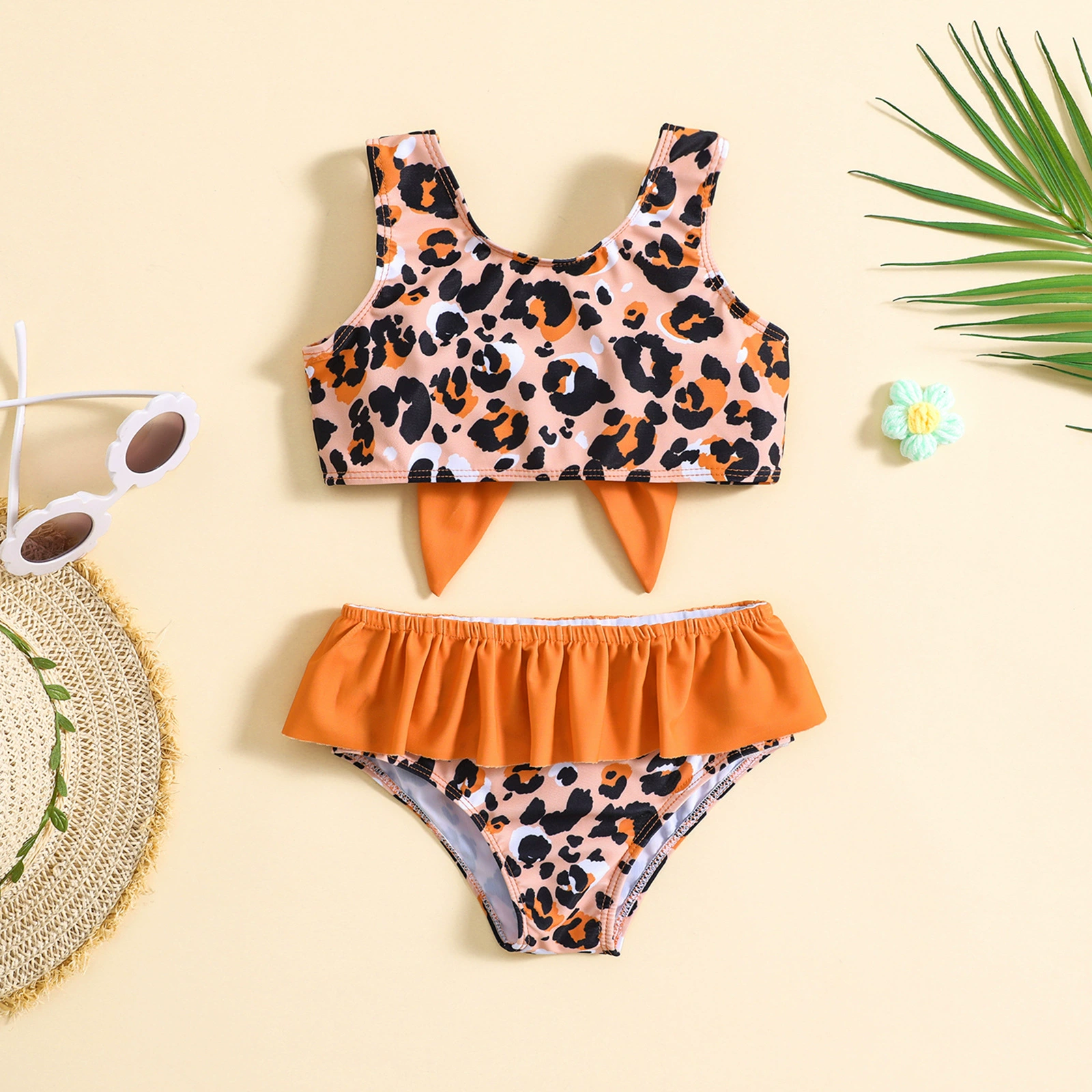 Girls Two-Piece Swimsuit Set with Bow and Ruffle