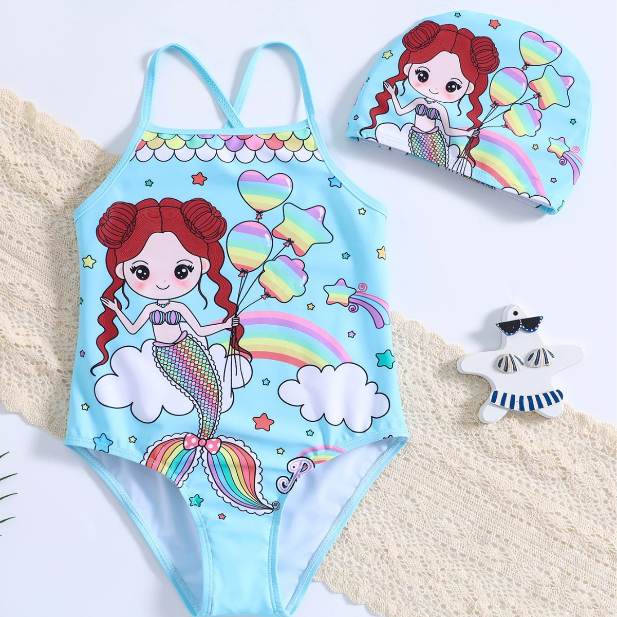 Girls One-Piece Swimsuit with Cross Straps and Cap