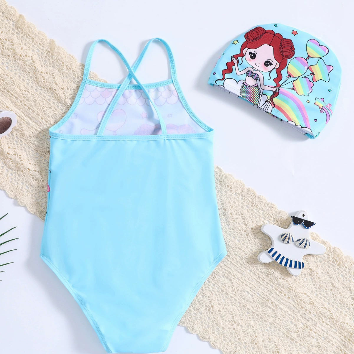 Girls One-Piece Swimsuit with Cross Straps and Cap