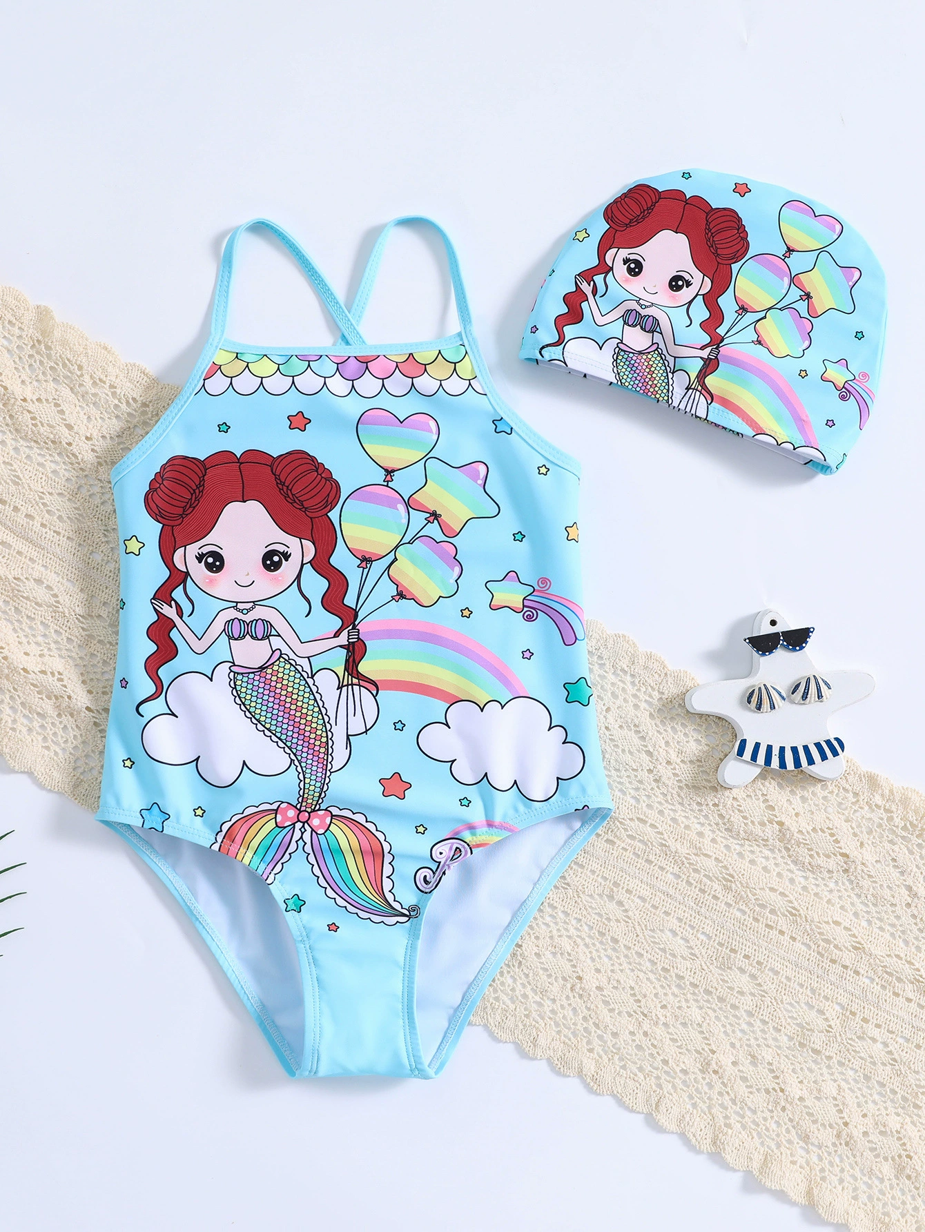 Girls One-Piece Swimsuit with Cross Straps and Cap view 6