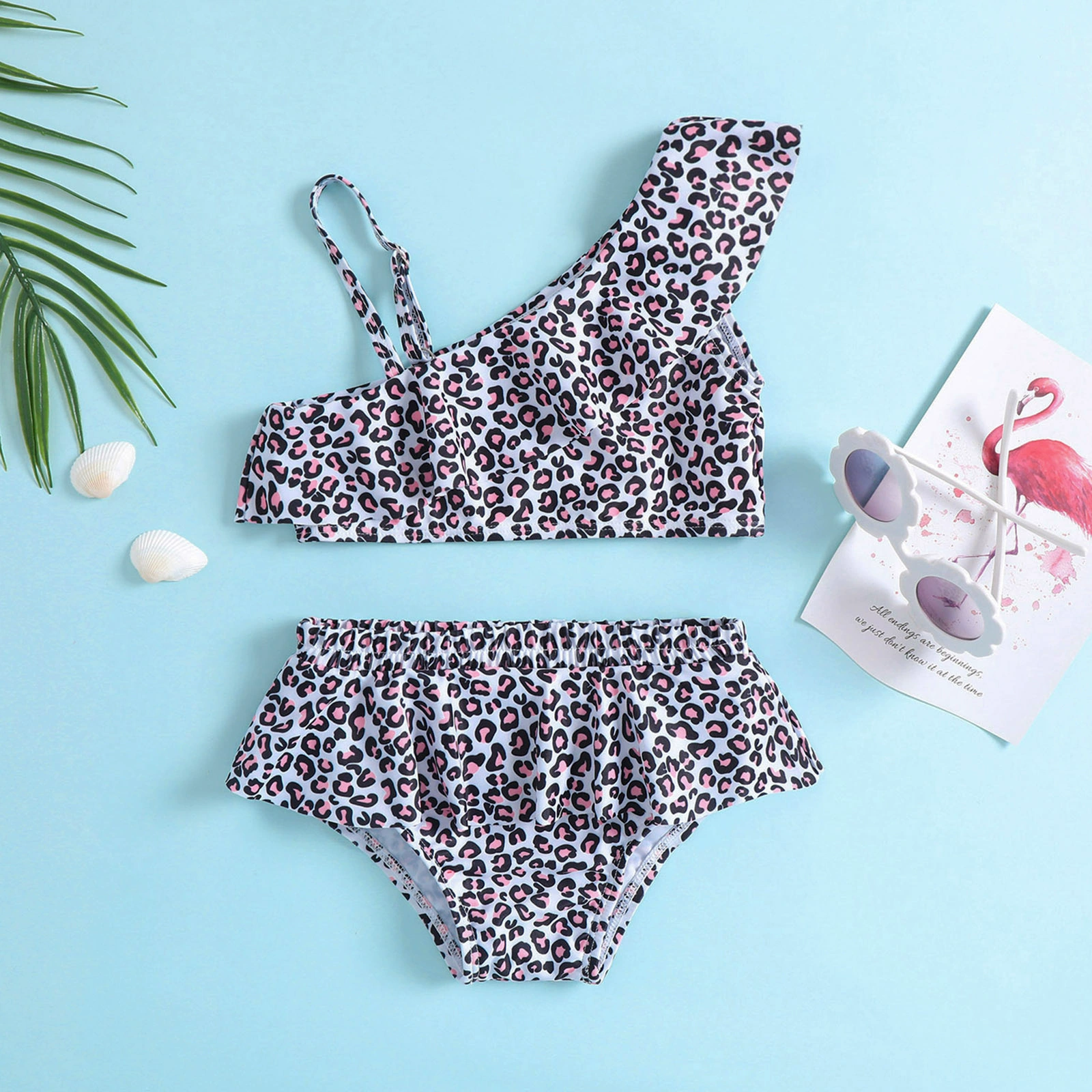 Girls Two-Piece Bikini Set with Asymmetrical Top and Ruffle Shorts