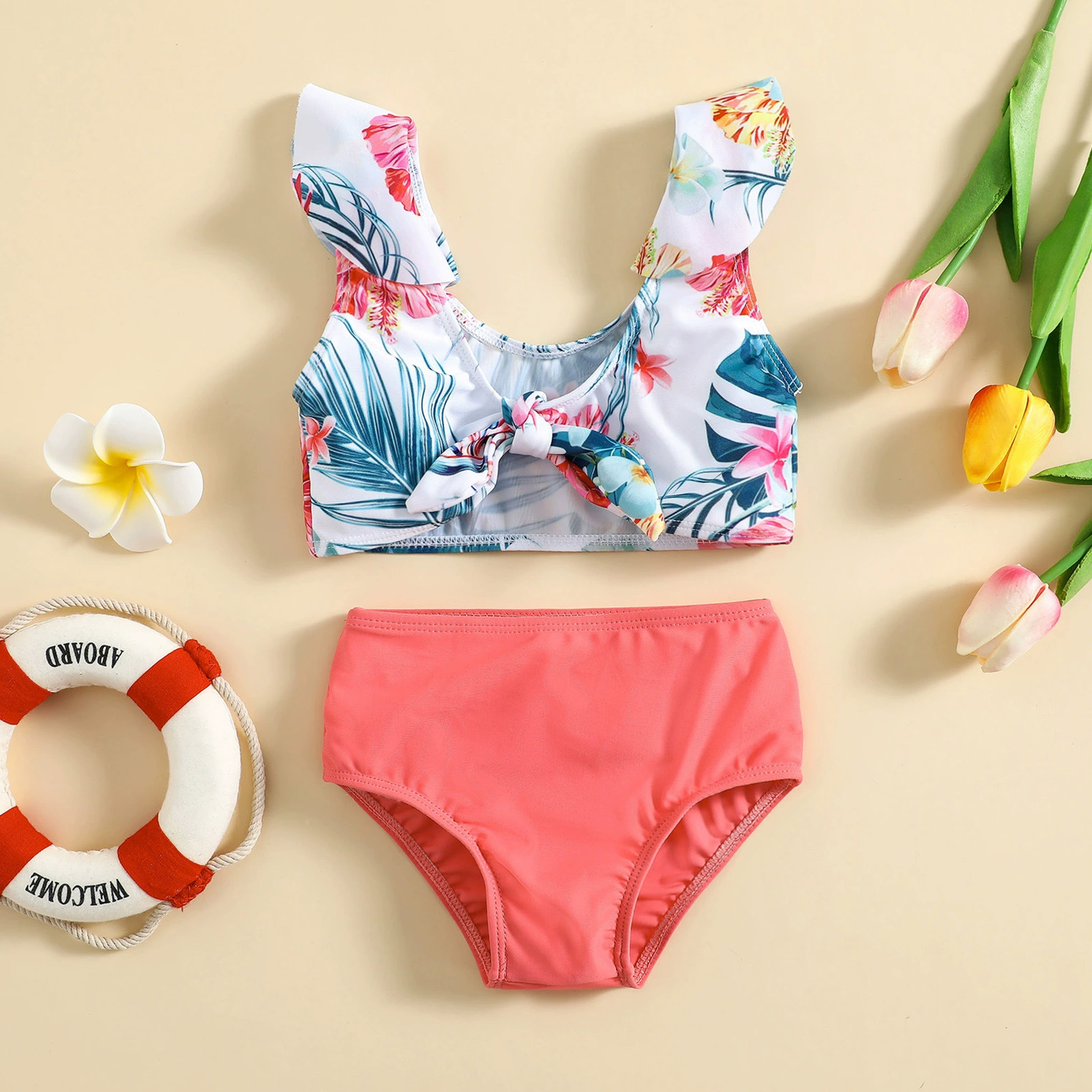Girls Puff Sleeve Tie Front Two-Piece Swimsuit