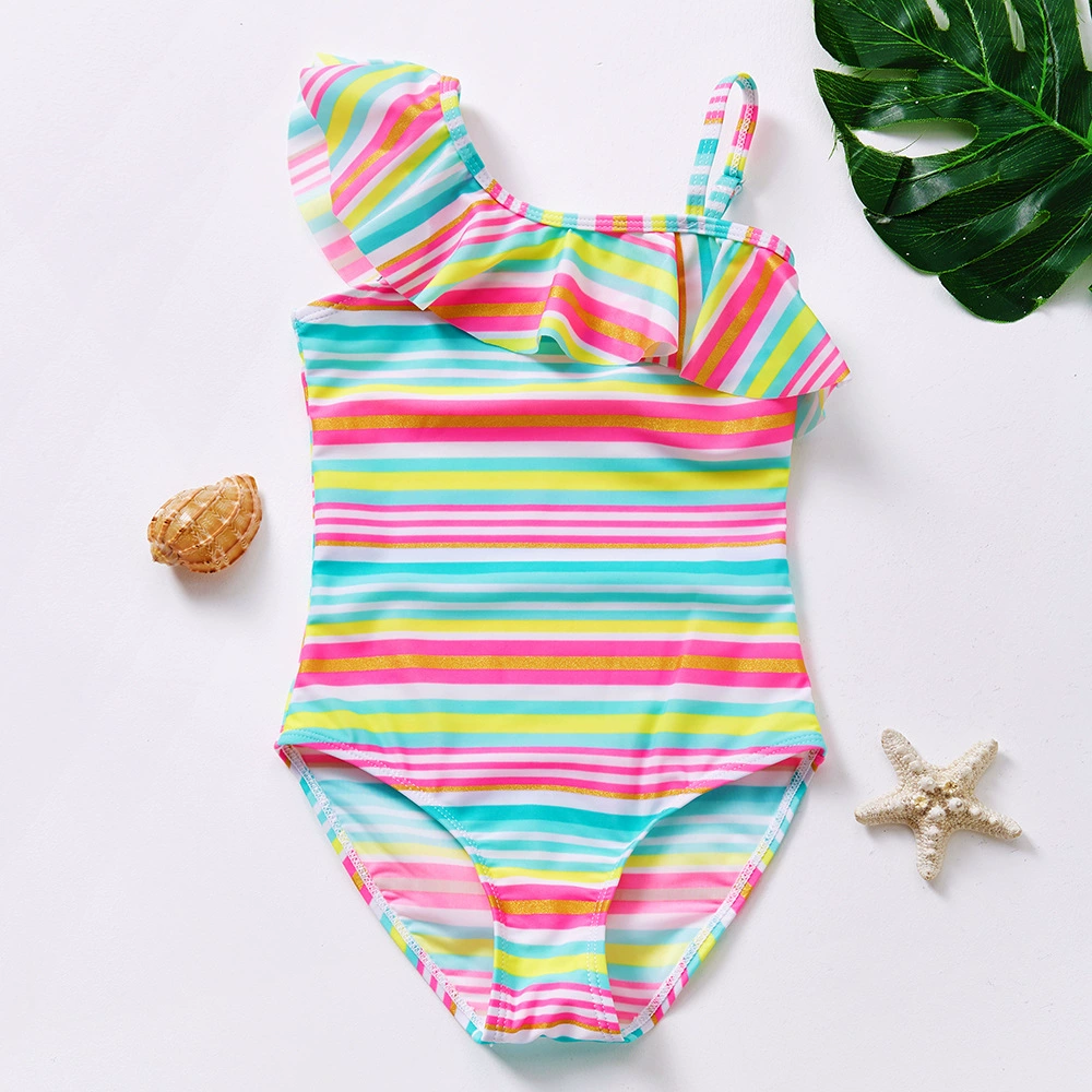 Girls One-Shoulder Ruffle One-Piece Swimsuit