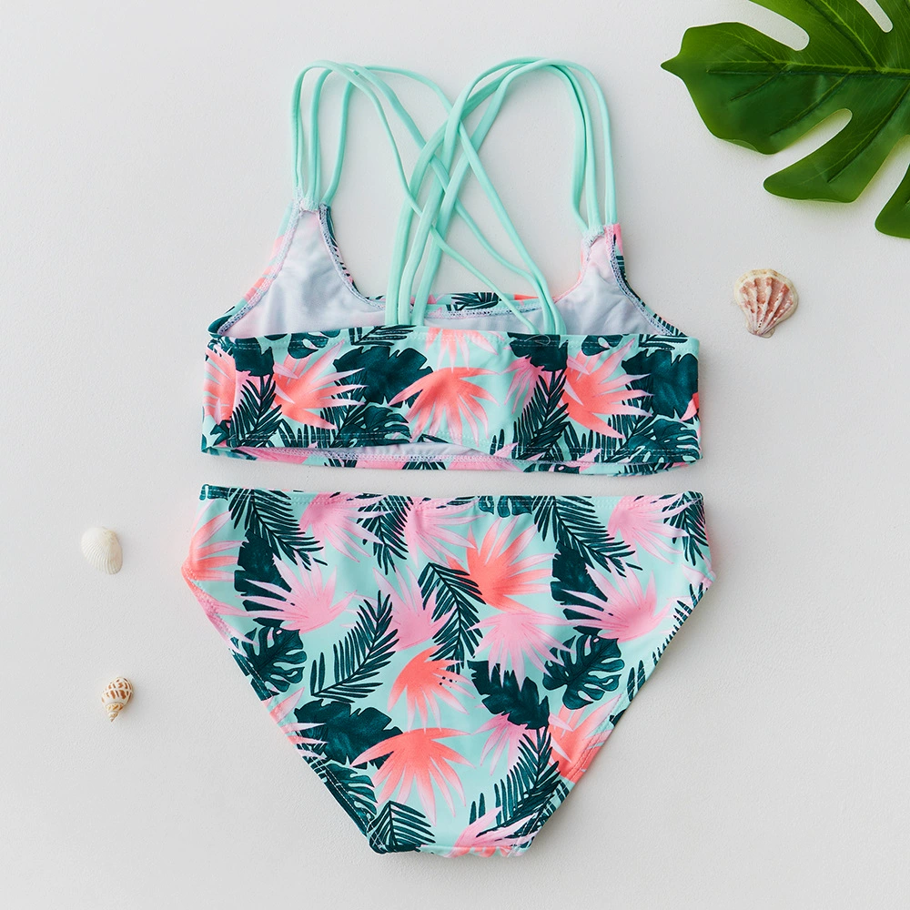 Girls Two-Piece Swimsuit with Ruffle Top and Crossed Straps